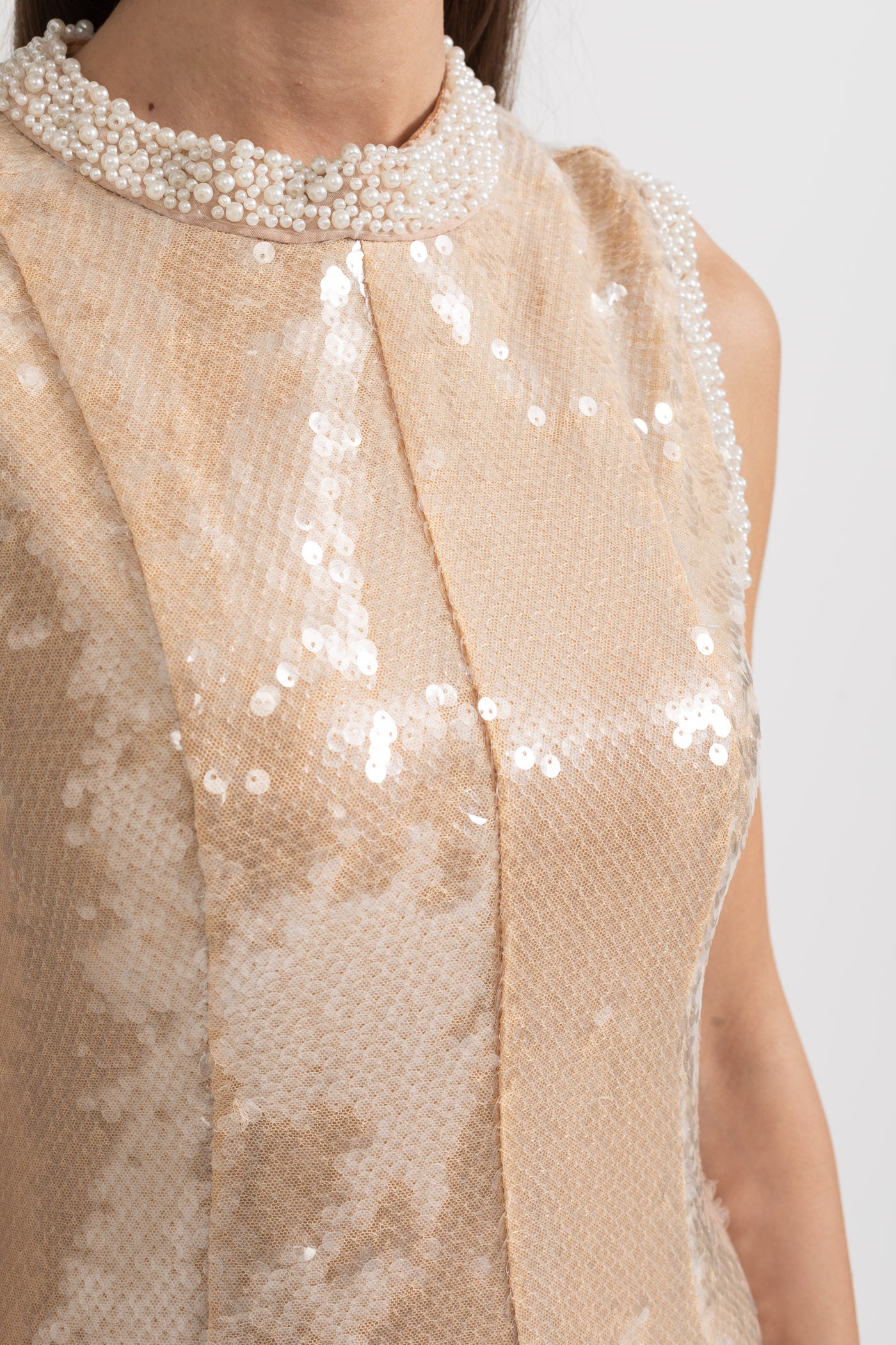 Elegant Sequin Dress With White Pearl Embellishments - Beige