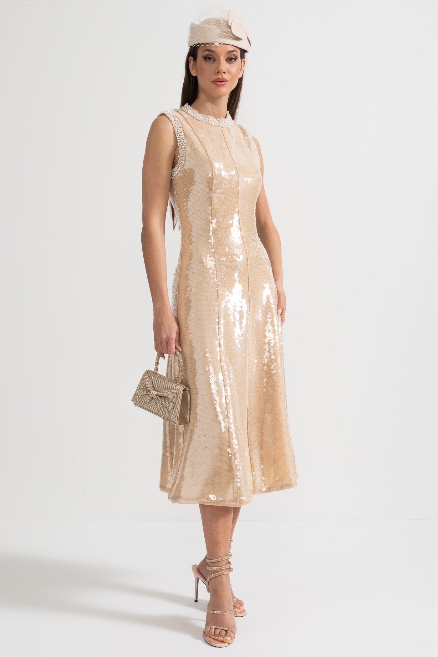 Elegant Sequin Dress With White Pearl Embellishments - Beige