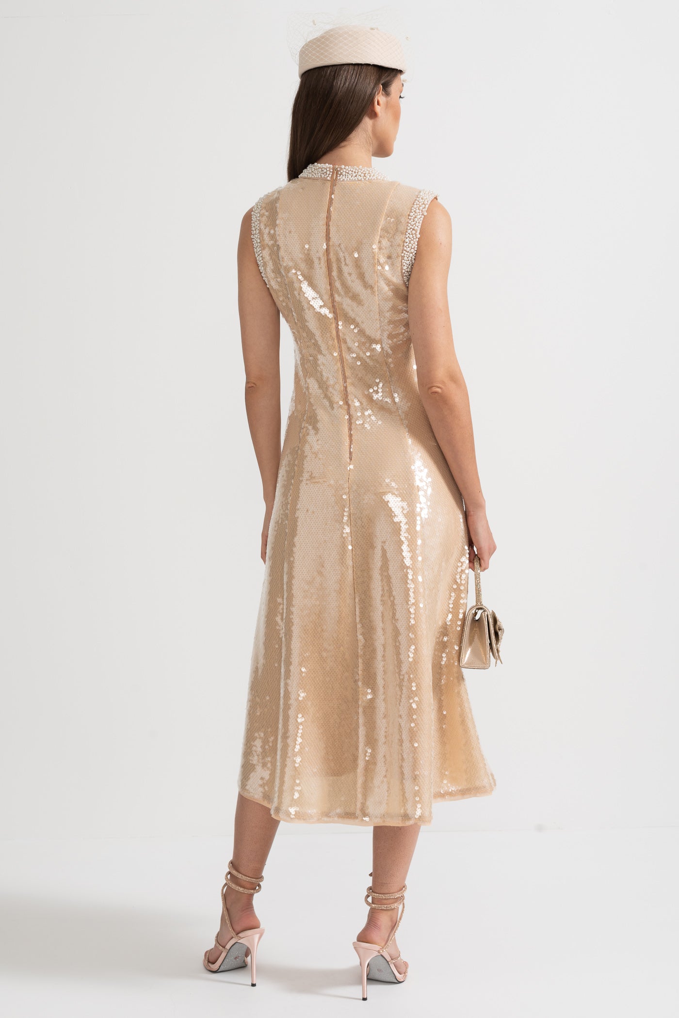 Elegant Sequin Dress With White Pearl Embellishments - Beige