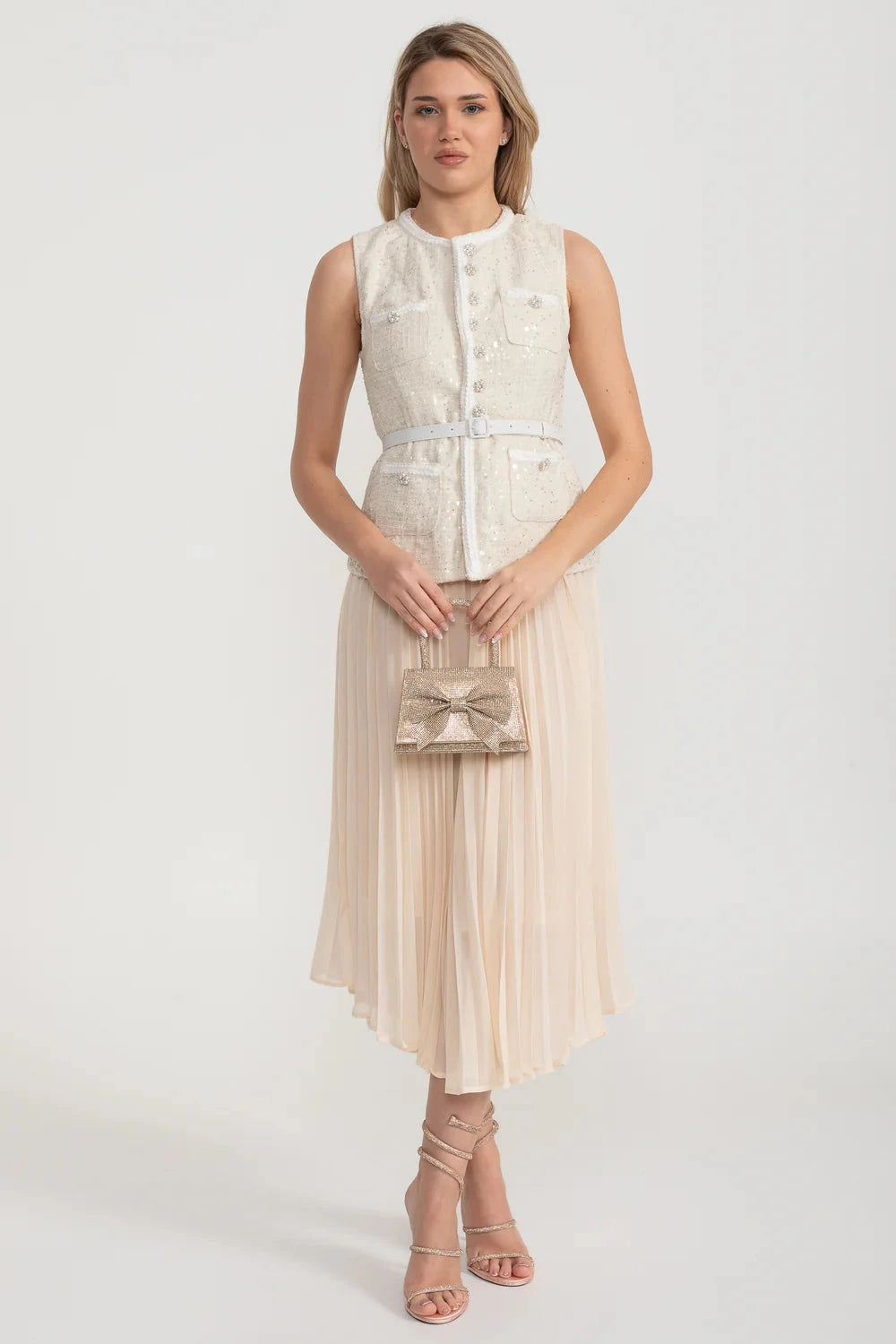 Ensemble texturé avec poches avant et jupe plissée transparente - Ivoire