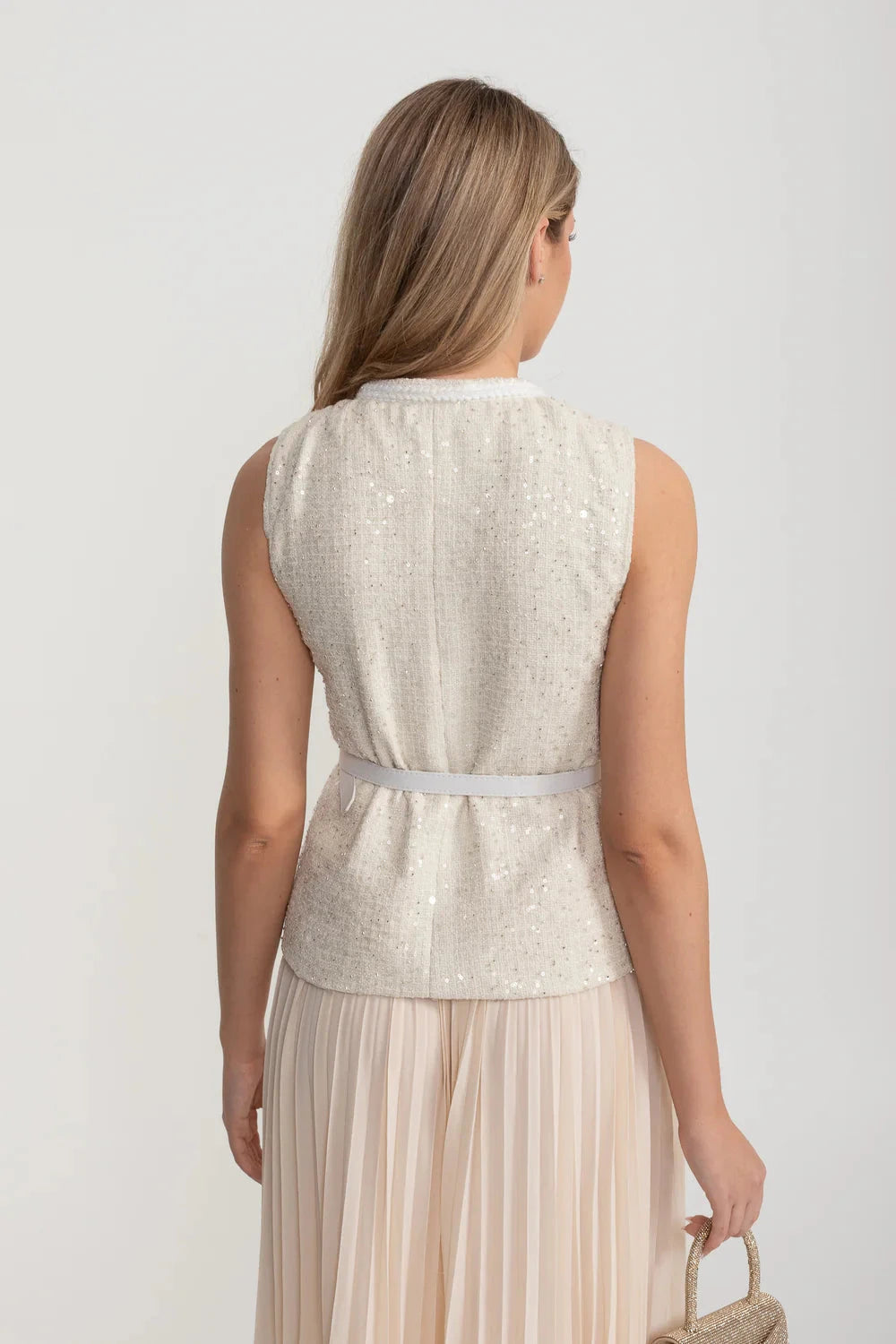 Ensemble texturé avec poches avant et jupe plissée transparente - Ivoire