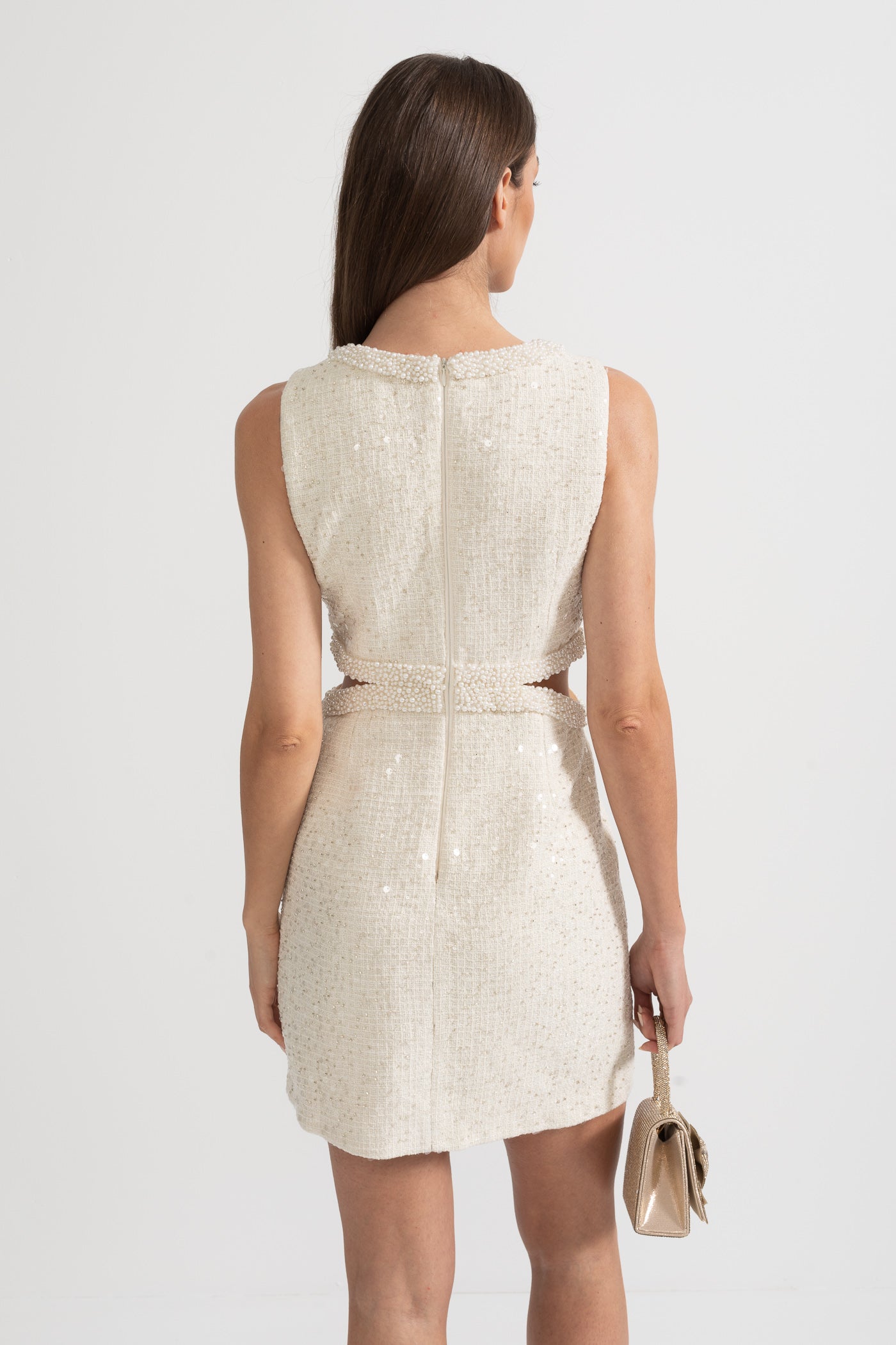 Robe Mini Sans Manches à Paillettes avec Découpes à la Taille et Nœud - Ivoire