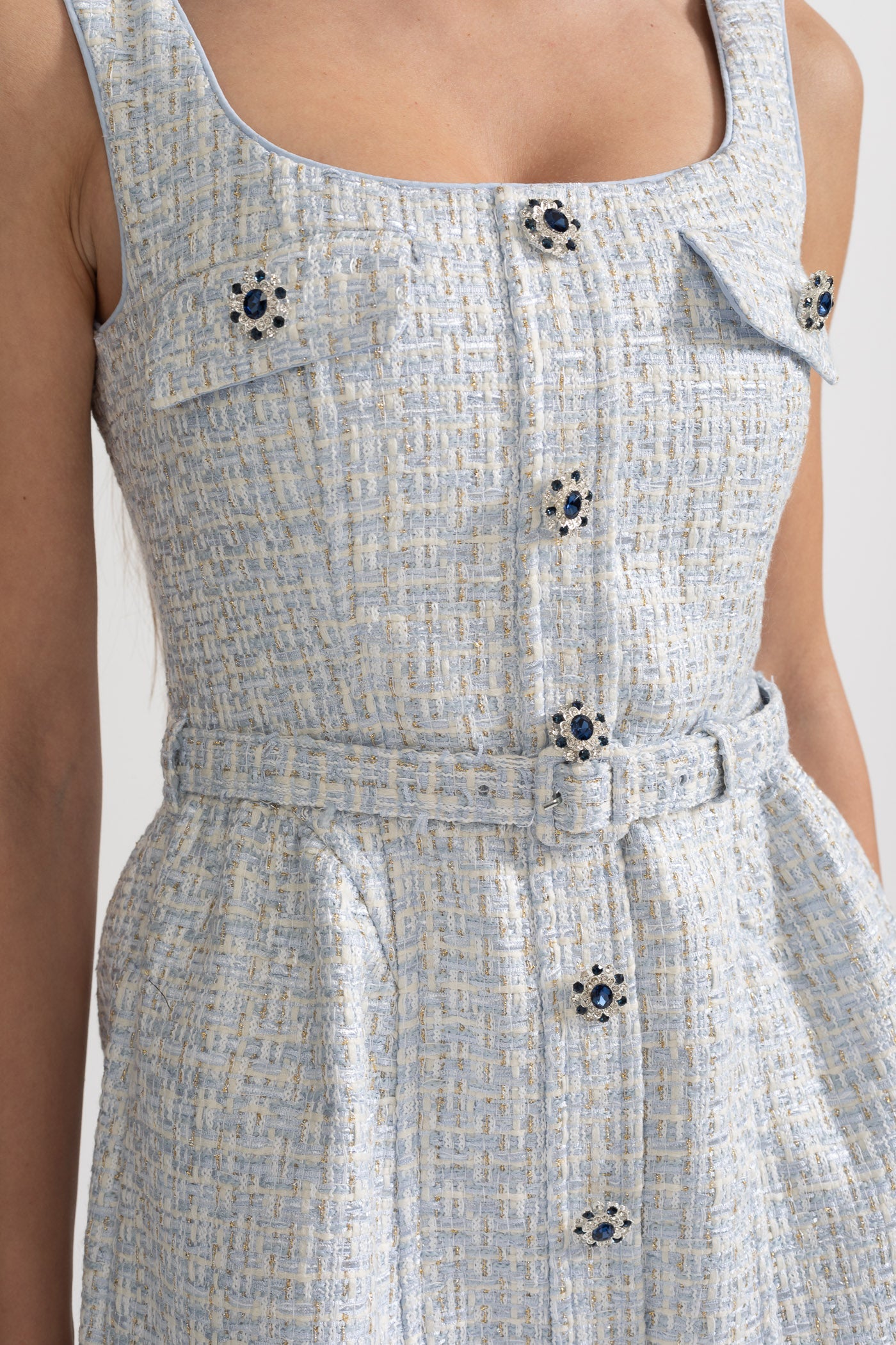 Textured Mini Dress With Fitted Bodice And Contrasting Buttons - Light Blue