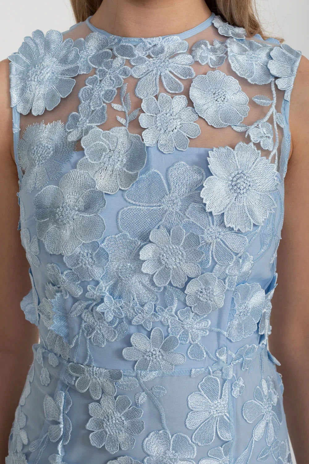 Robe Transparente À Taille Cintrée Avec Appliques Florales - Light Blue