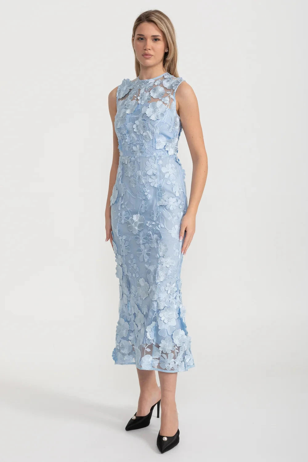 Robe Transparente À Taille Cintrée Avec Appliques Florales - Light Blue