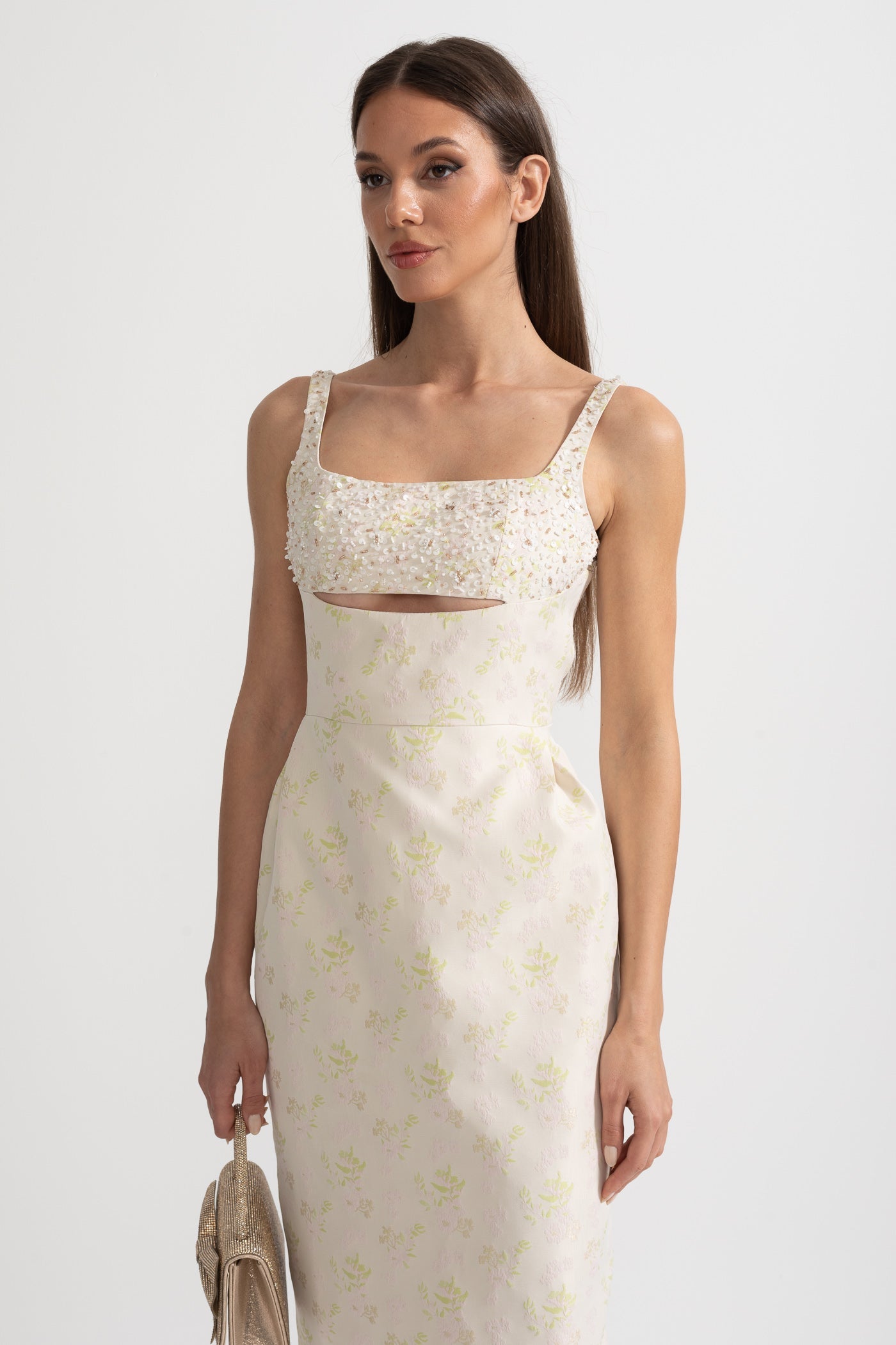 Sleeveless Midi Dress With Square Neckline, Subtle Floral Pattern And Front Cutout - Ivoire