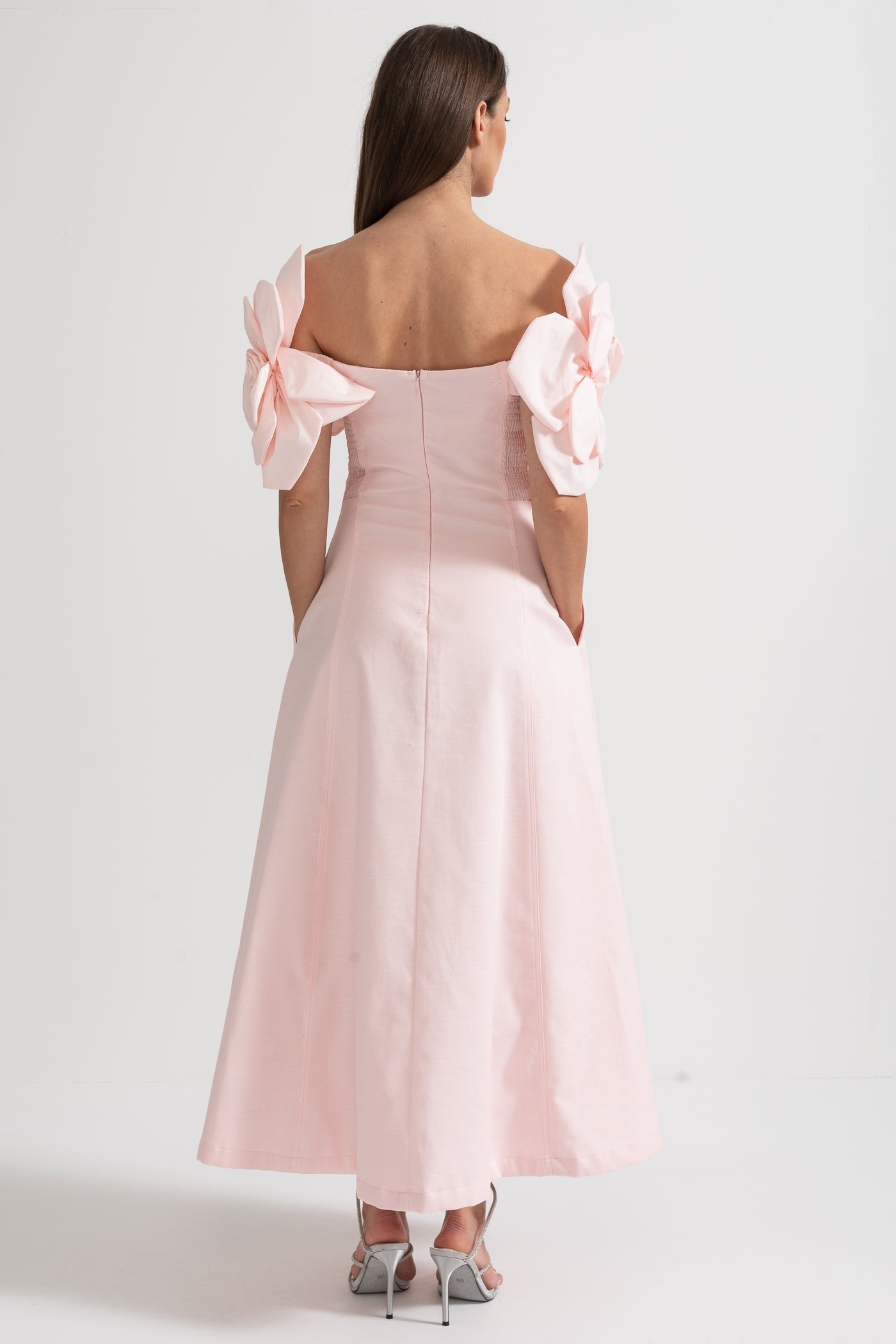 Off-Shoulder Midi Dress With Large Fabric Floral Accents - Pink