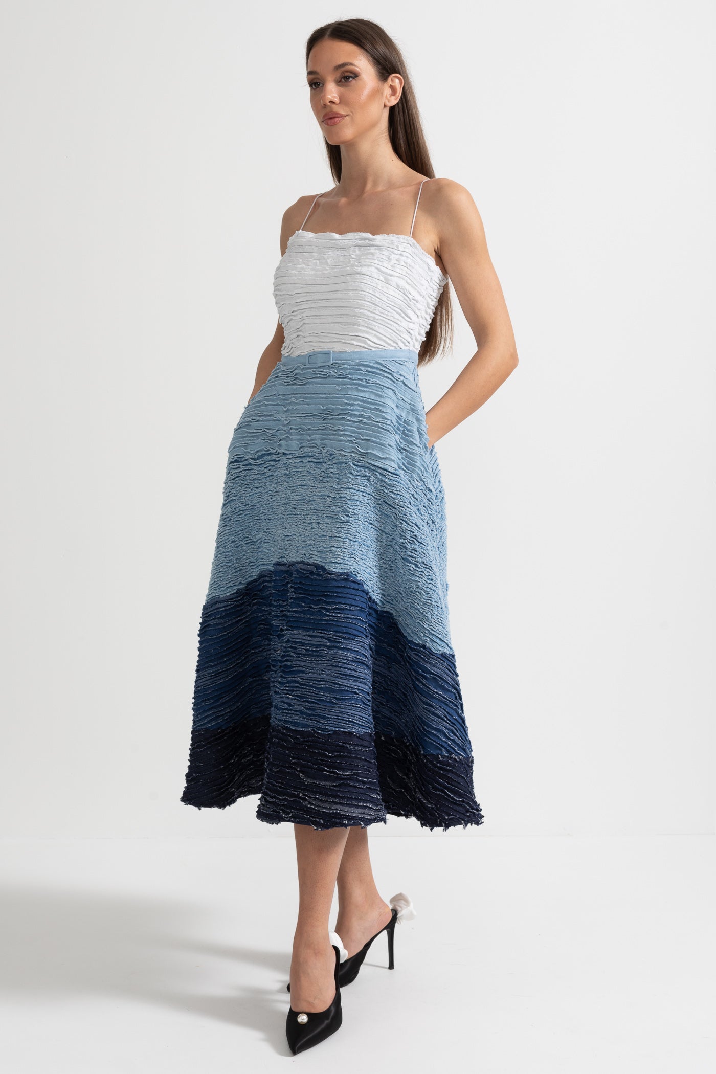 Ombre Midi Dress with Textured Layered Fabric - White/Blue