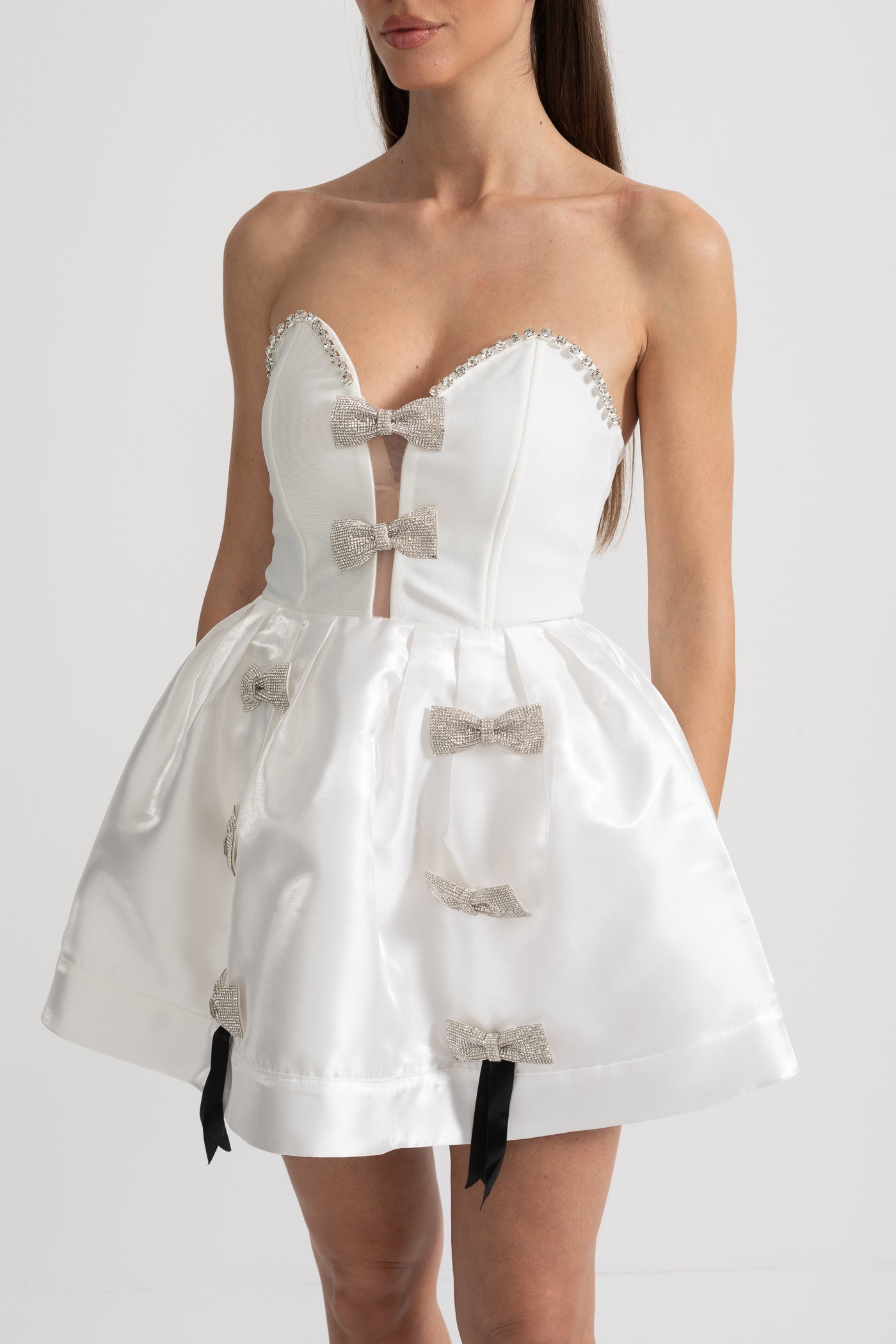 Robe Mini Bustier avec Ornements en Nœud de Cristal - Blanc