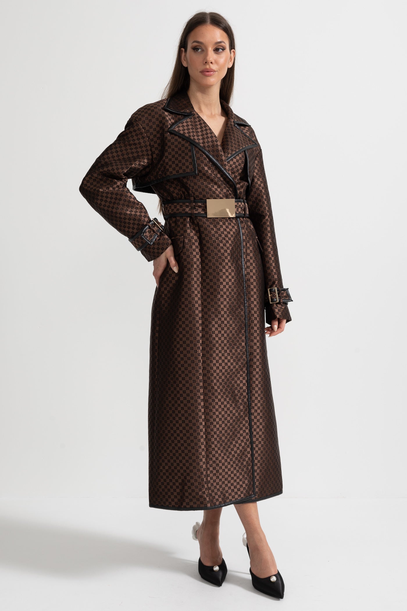 Trench-coat en jacquard avec ceinture taille à boucle dorée - Marron