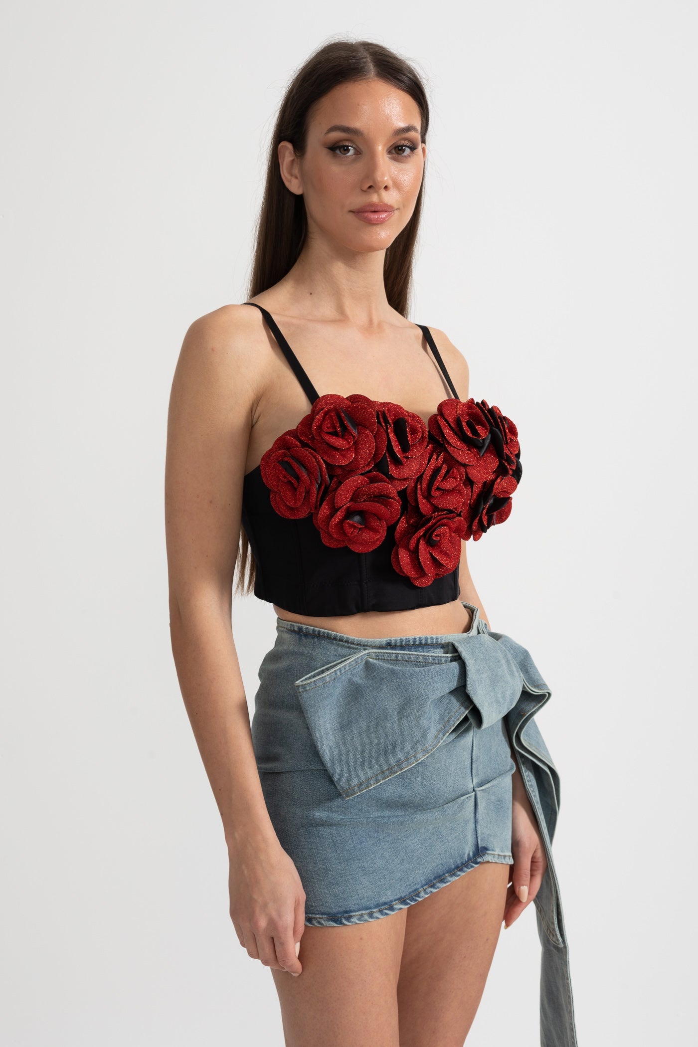 Corset avec appliqués de roses 3D rouges - Noir