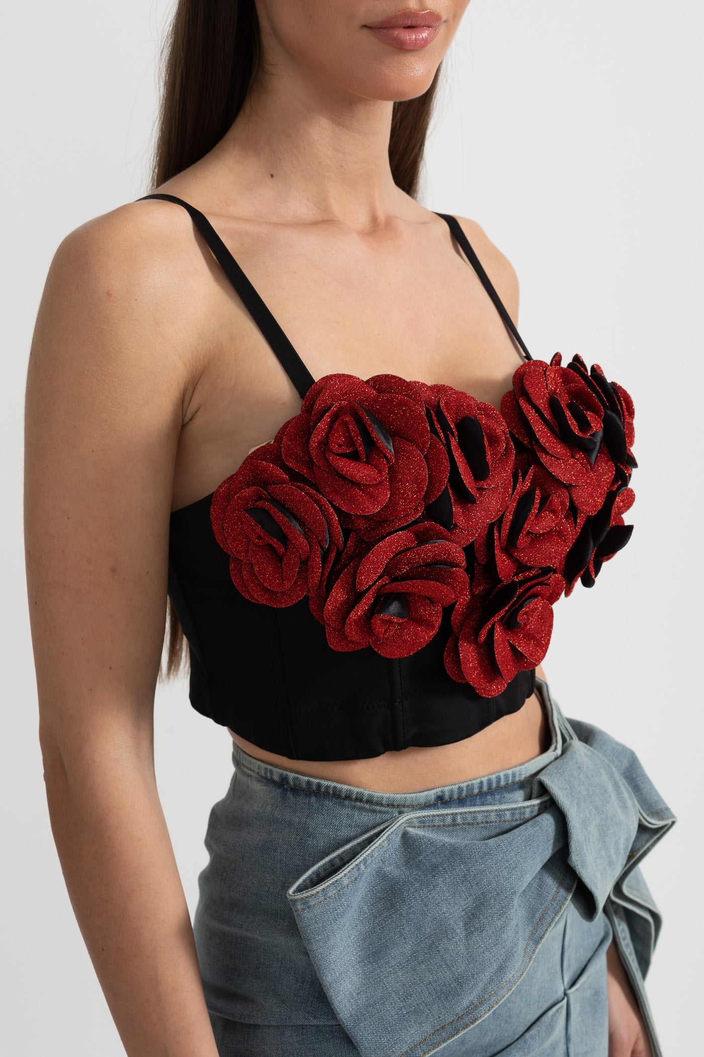 Corset avec appliqués de roses 3D rouges - Noir