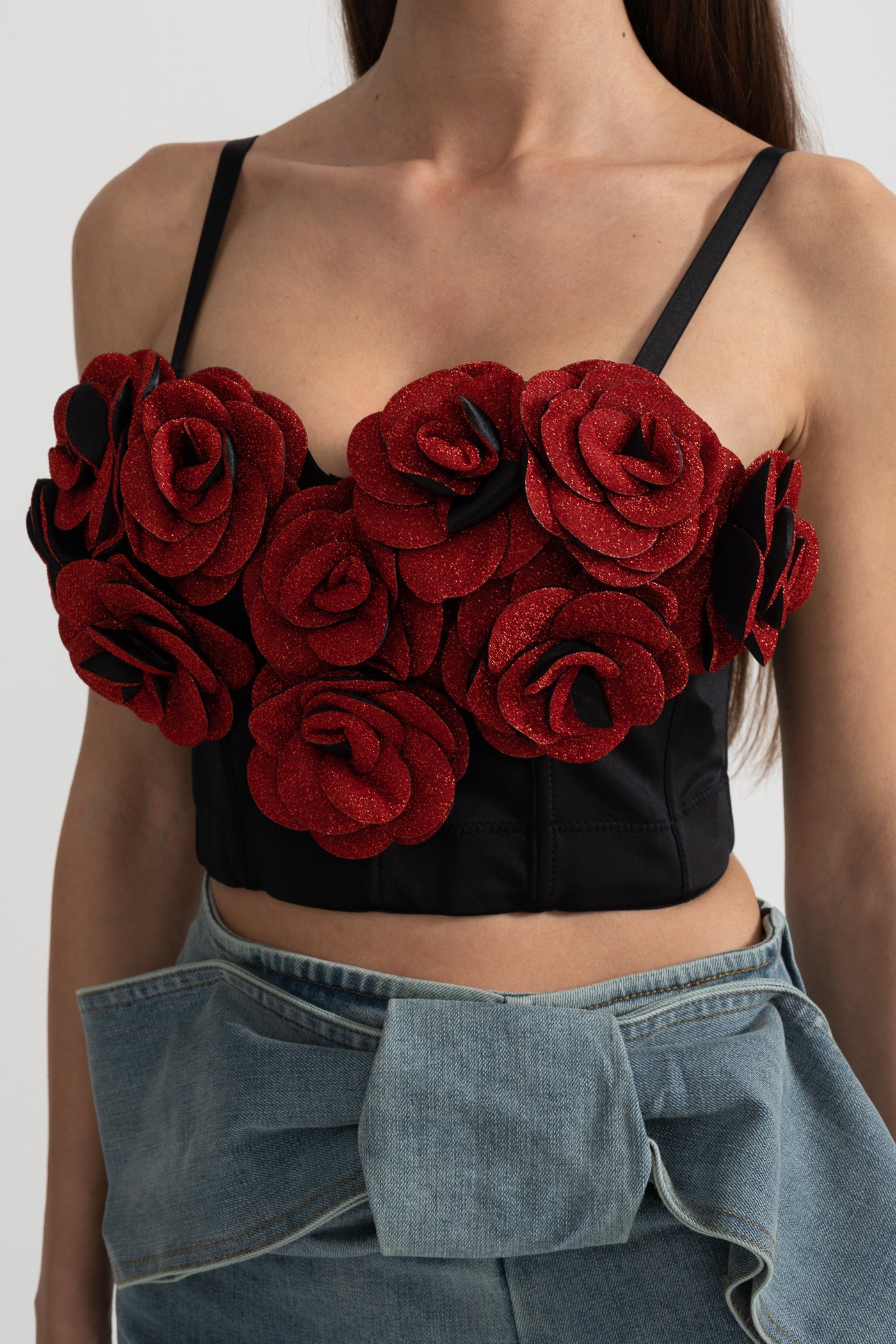 Corset avec appliqués de roses 3D rouges - Noir