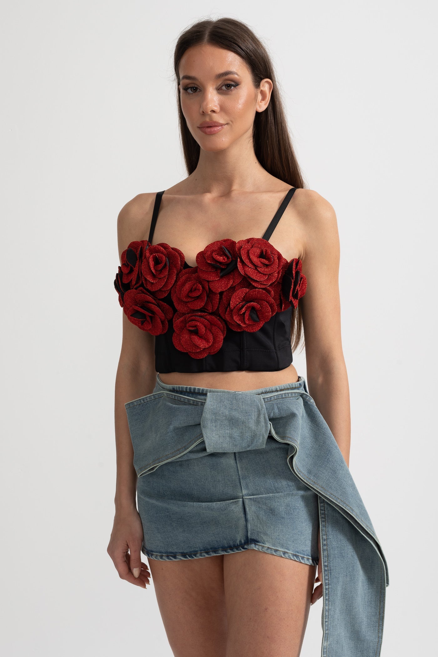 Corset avec appliqués de roses 3D rouges - Noir
