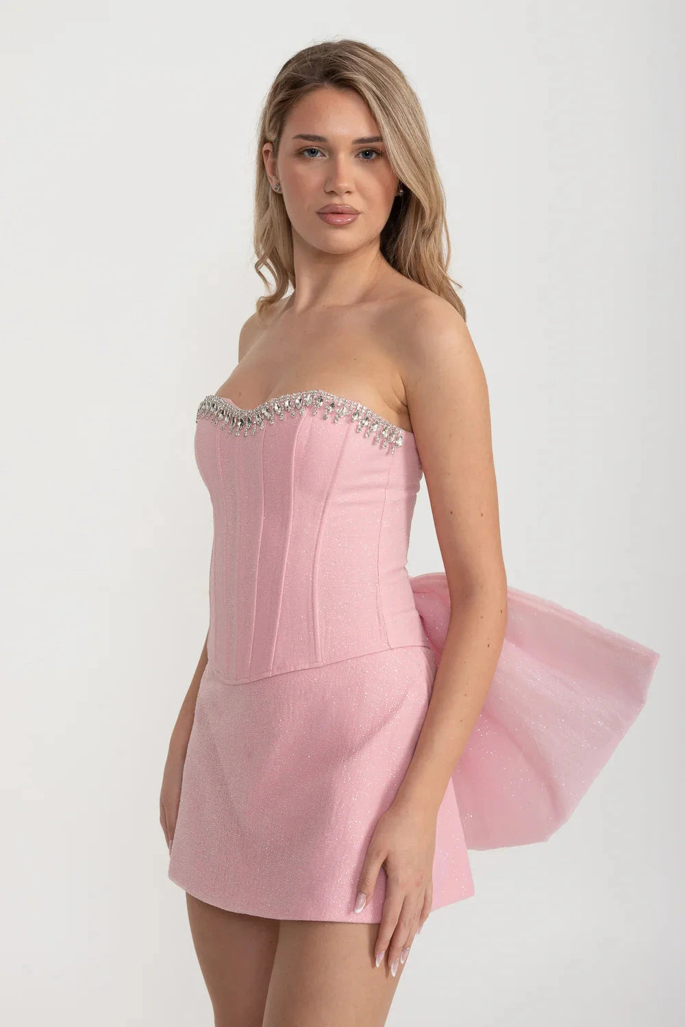 Ensemble Mini Corset avec Nœud Oversize au Dos - Rose