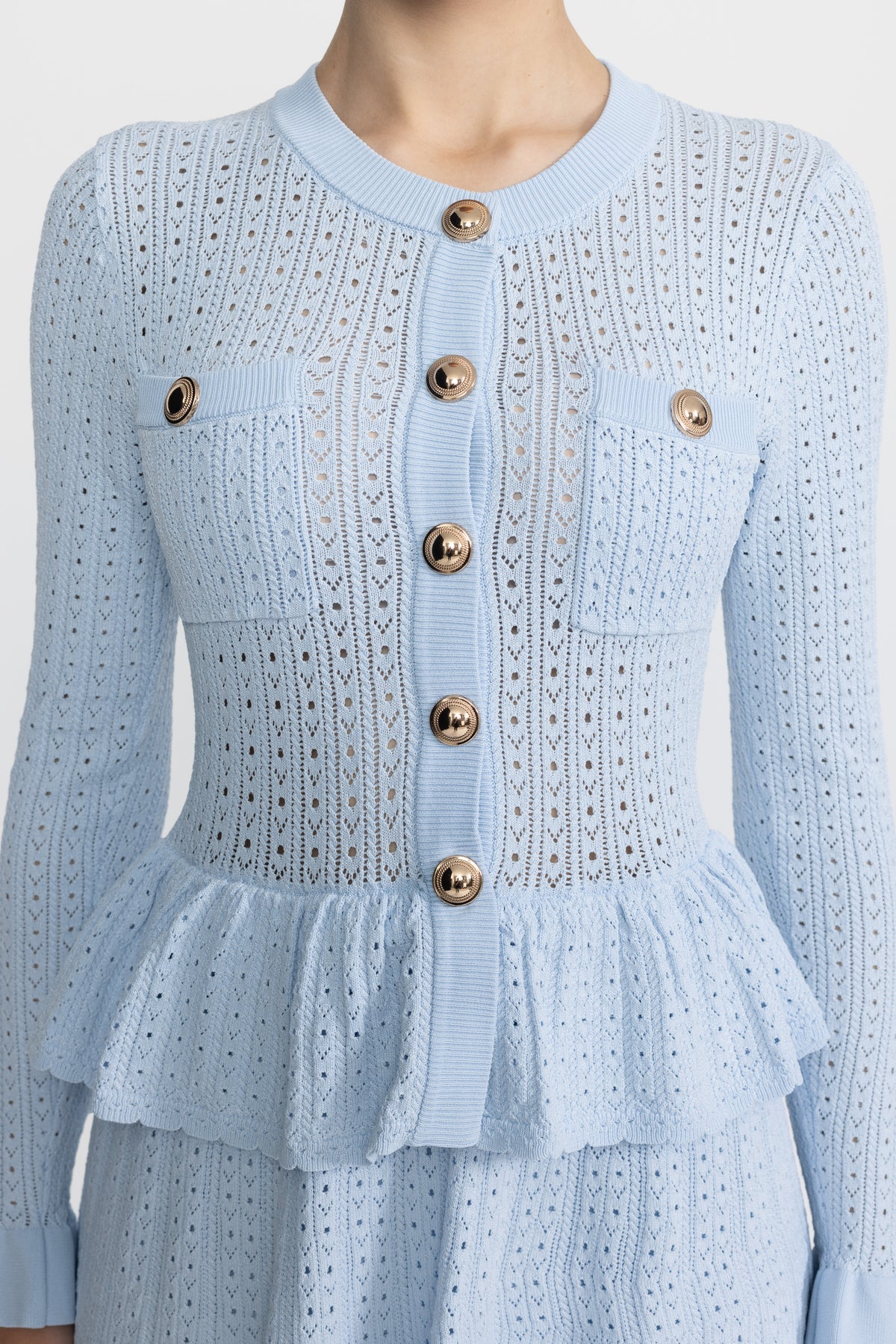 Pointelle Knit Peplum Mini Dress with Gold Buttons - Light Blue