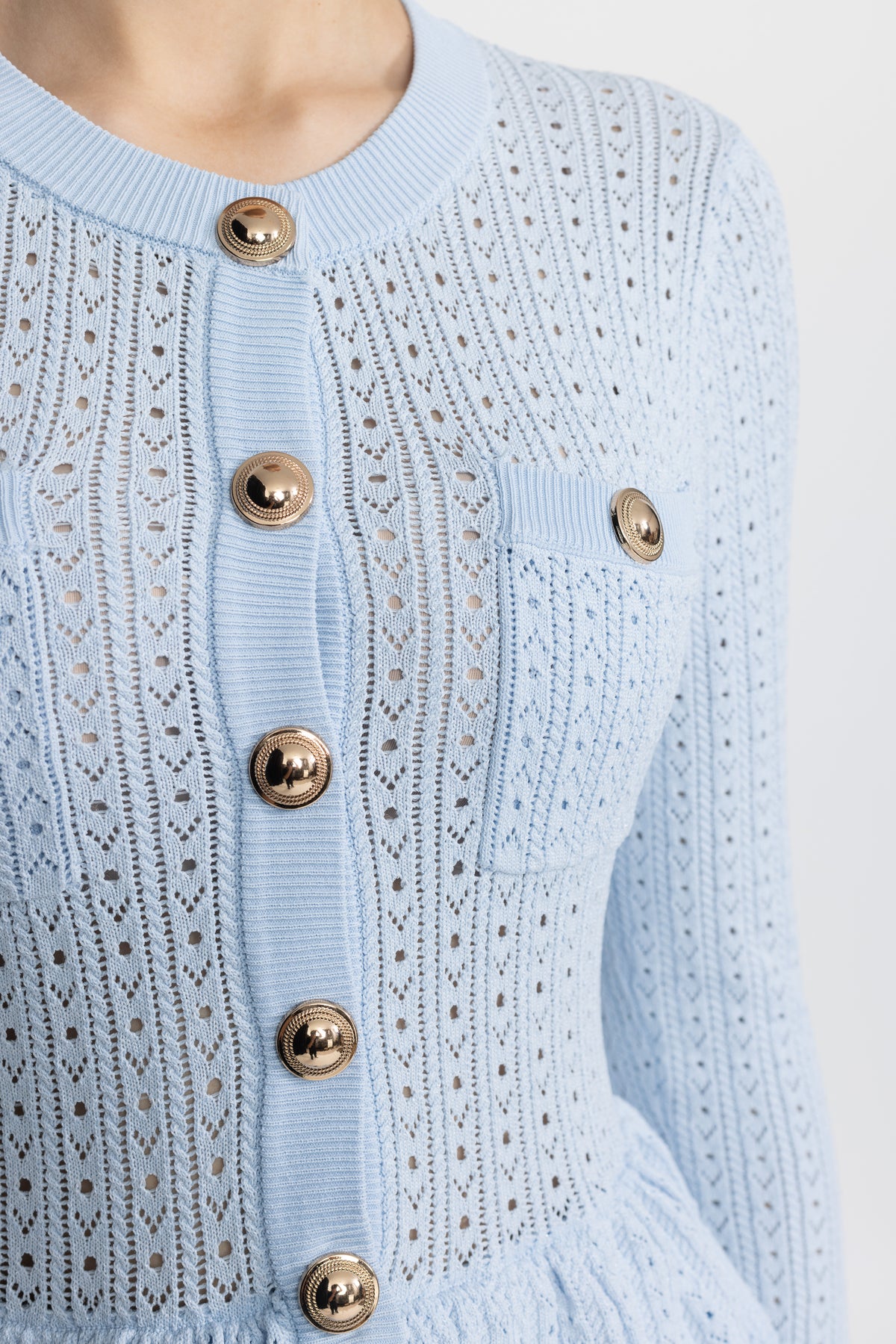 Pointelle Knit Peplum Mini Dress with Gold Buttons - Light Blue