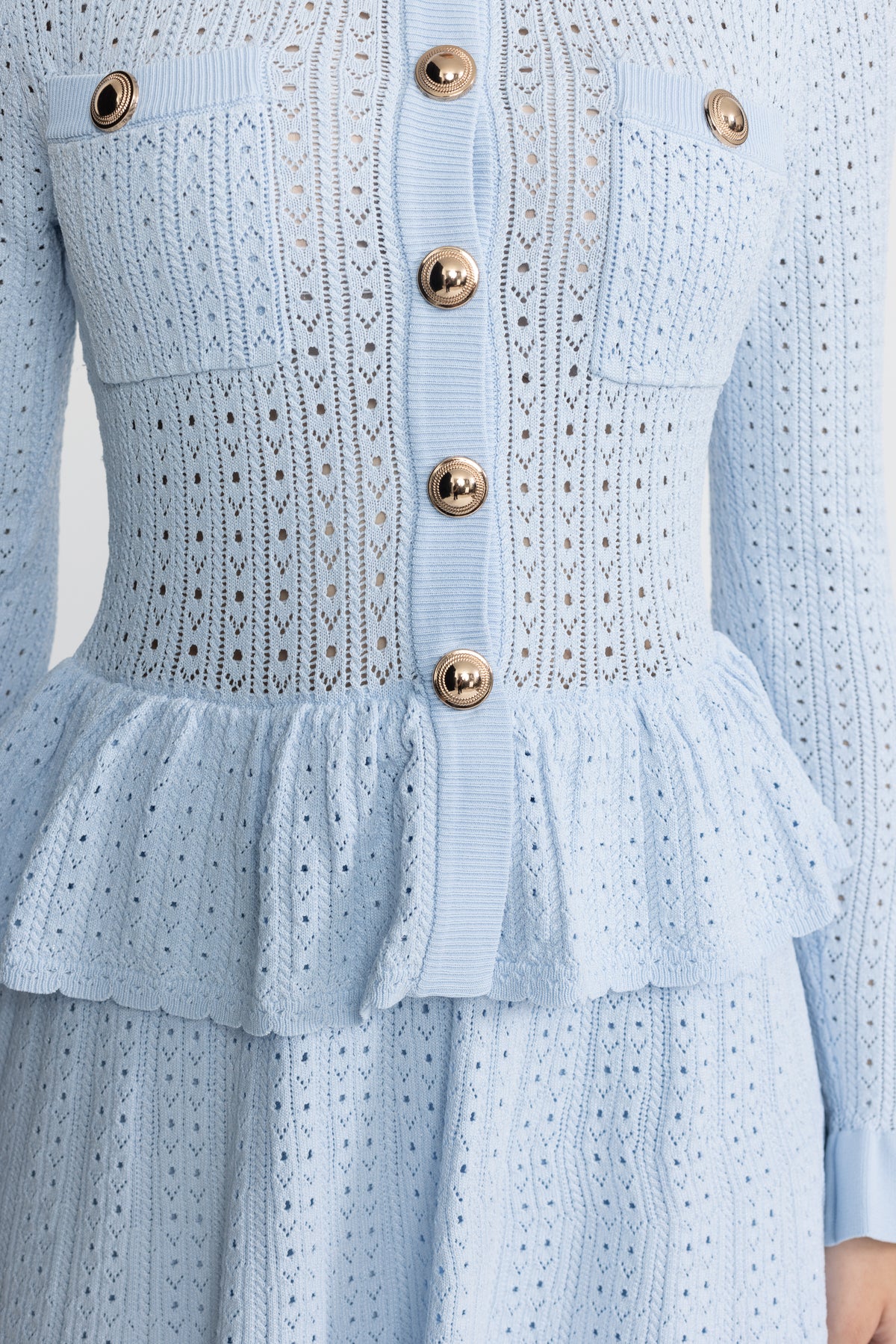 Pointelle Knit Peplum Mini Dress with Gold Buttons - Light Blue