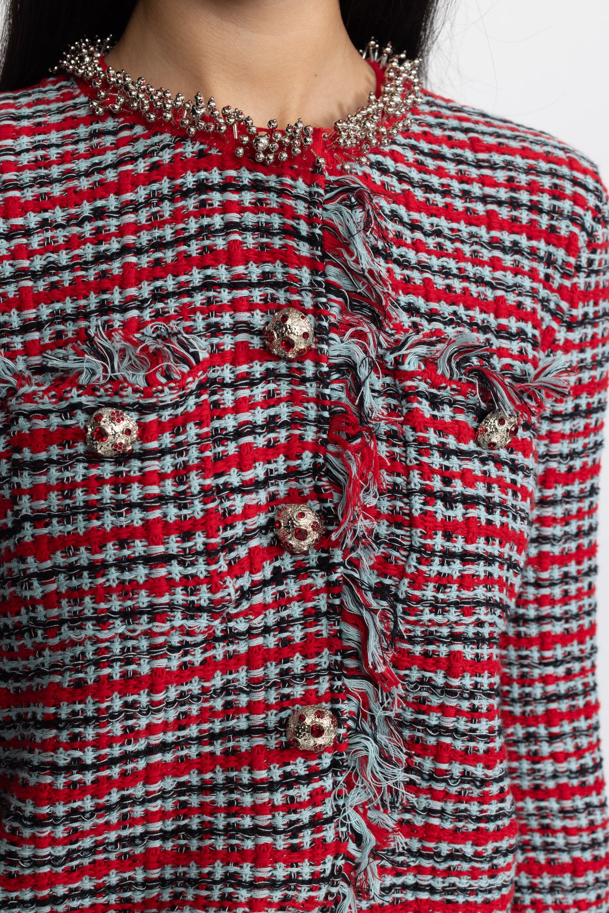 Ensemble veste en tweed à franges et jupe midi coordonnée - rouge multicolore
