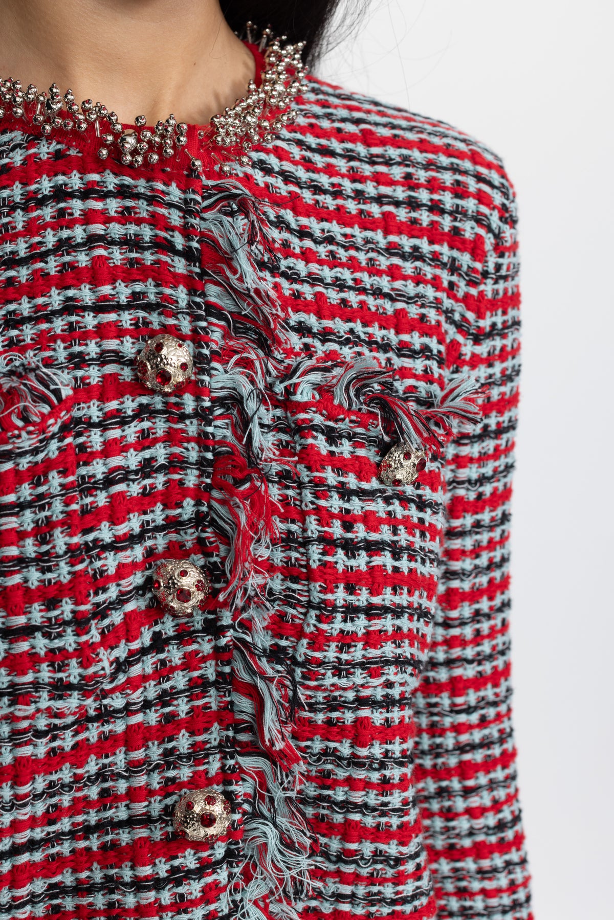 Ensemble veste en tweed à franges et jupe midi coordonnée - rouge multicolore