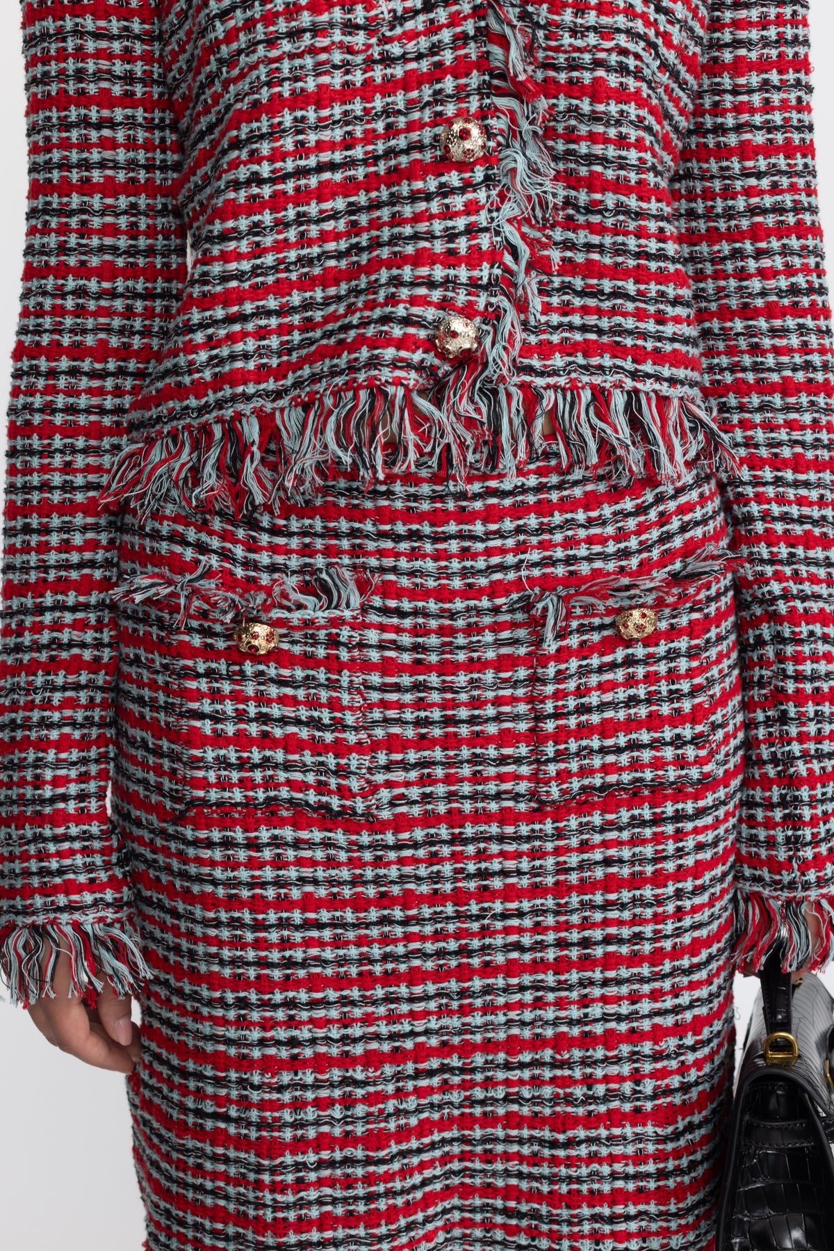 Ensemble veste en tweed à franges et jupe midi coordonnée - rouge multicolore