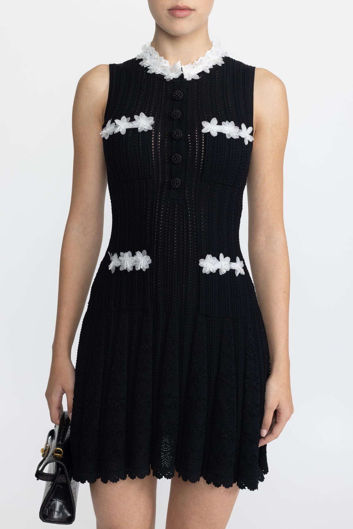 Mini-robe en maille pointelle avec bordure fleur en organza - noir