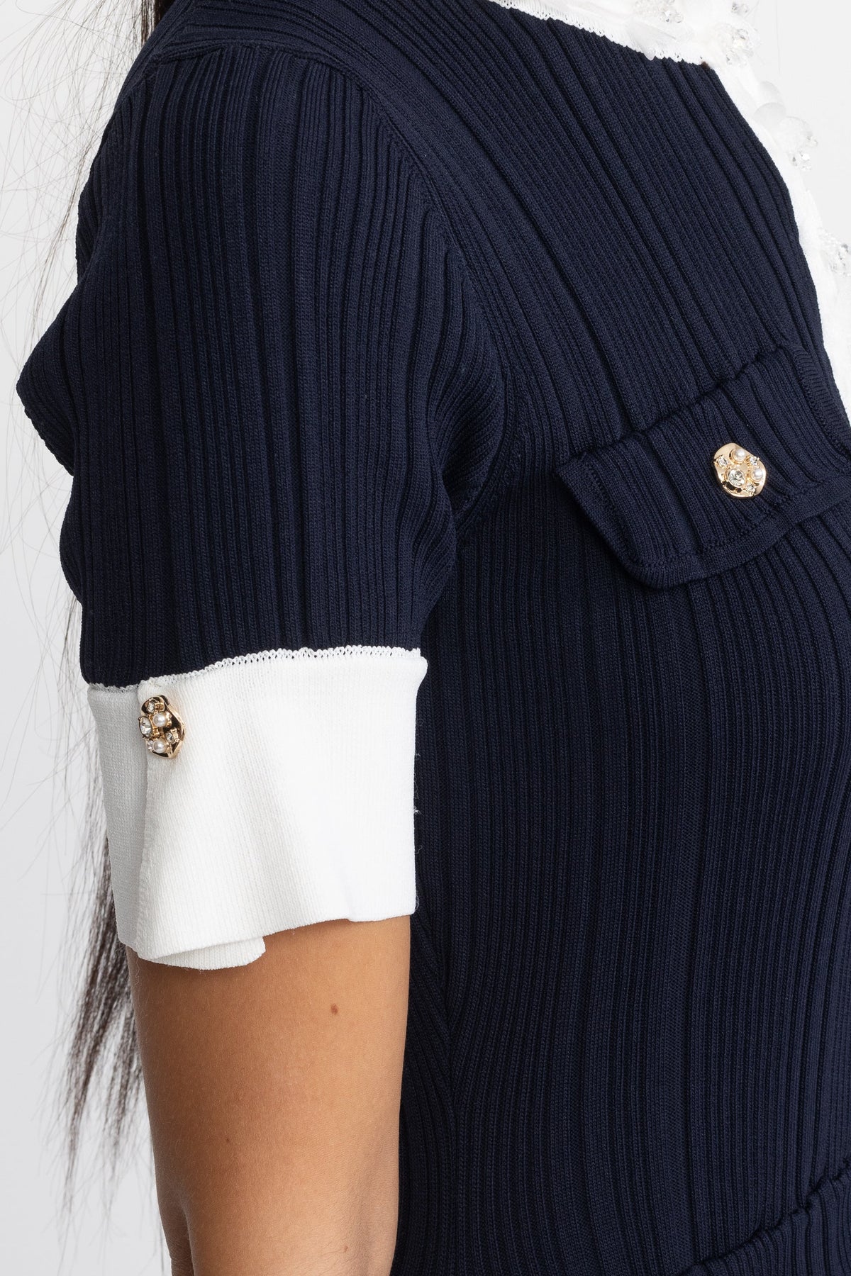 Pleated Knit Ruffle Trim Midi Dress - Navy
