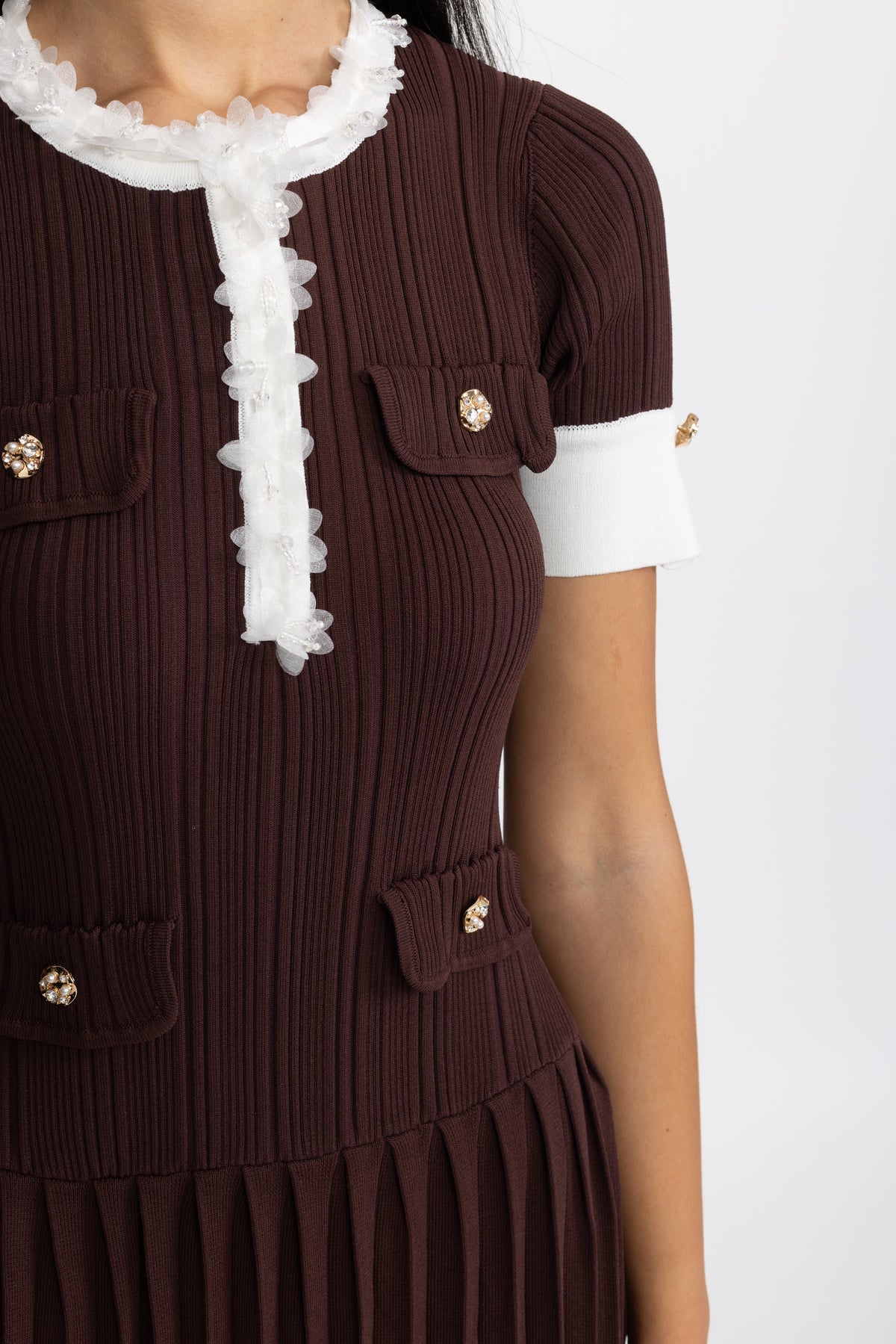 Robe midi en maille plissée à finitions volantées - Chocolate