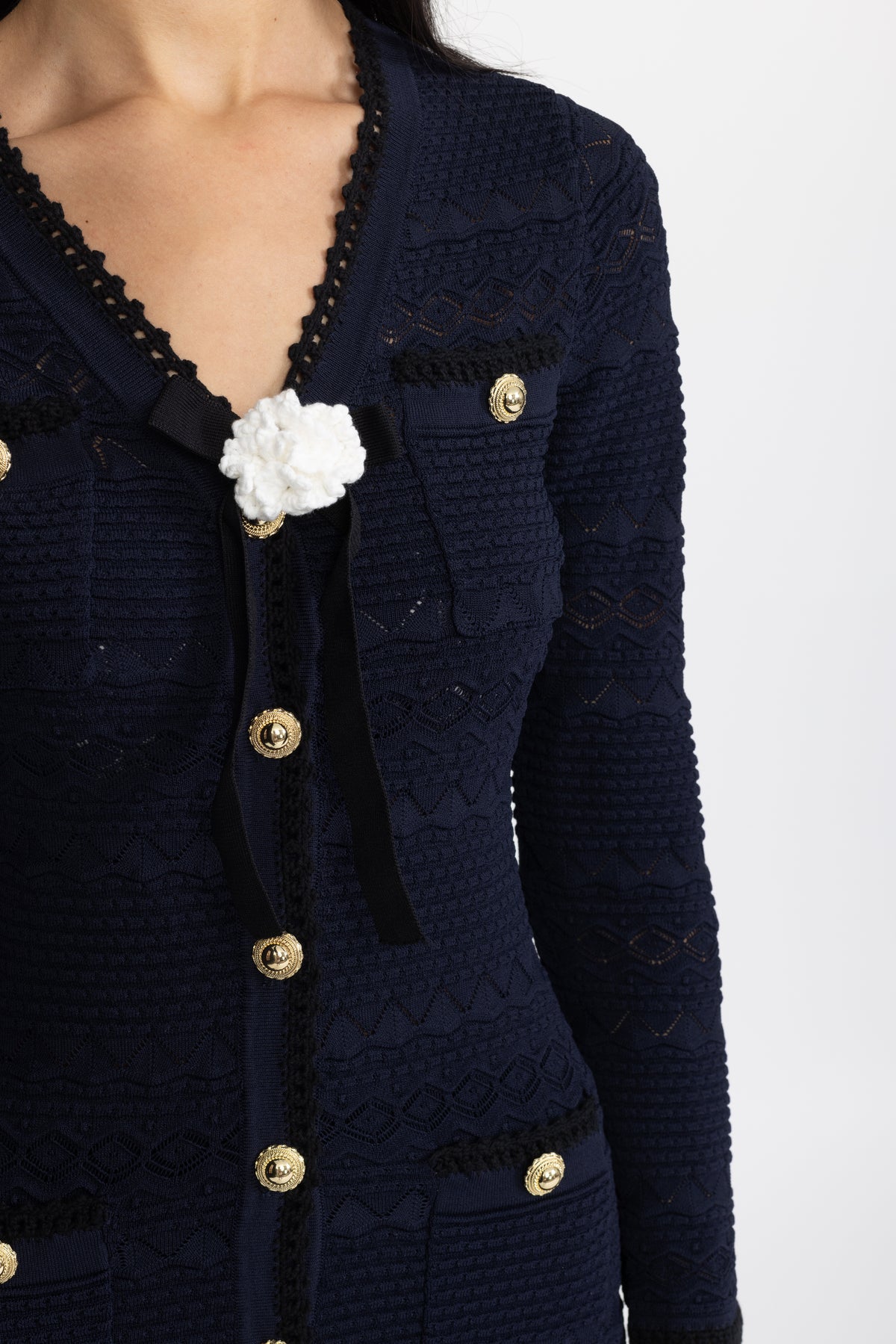Crochet Trim Knit Button Midi Dress with Flower Brooch - Navy