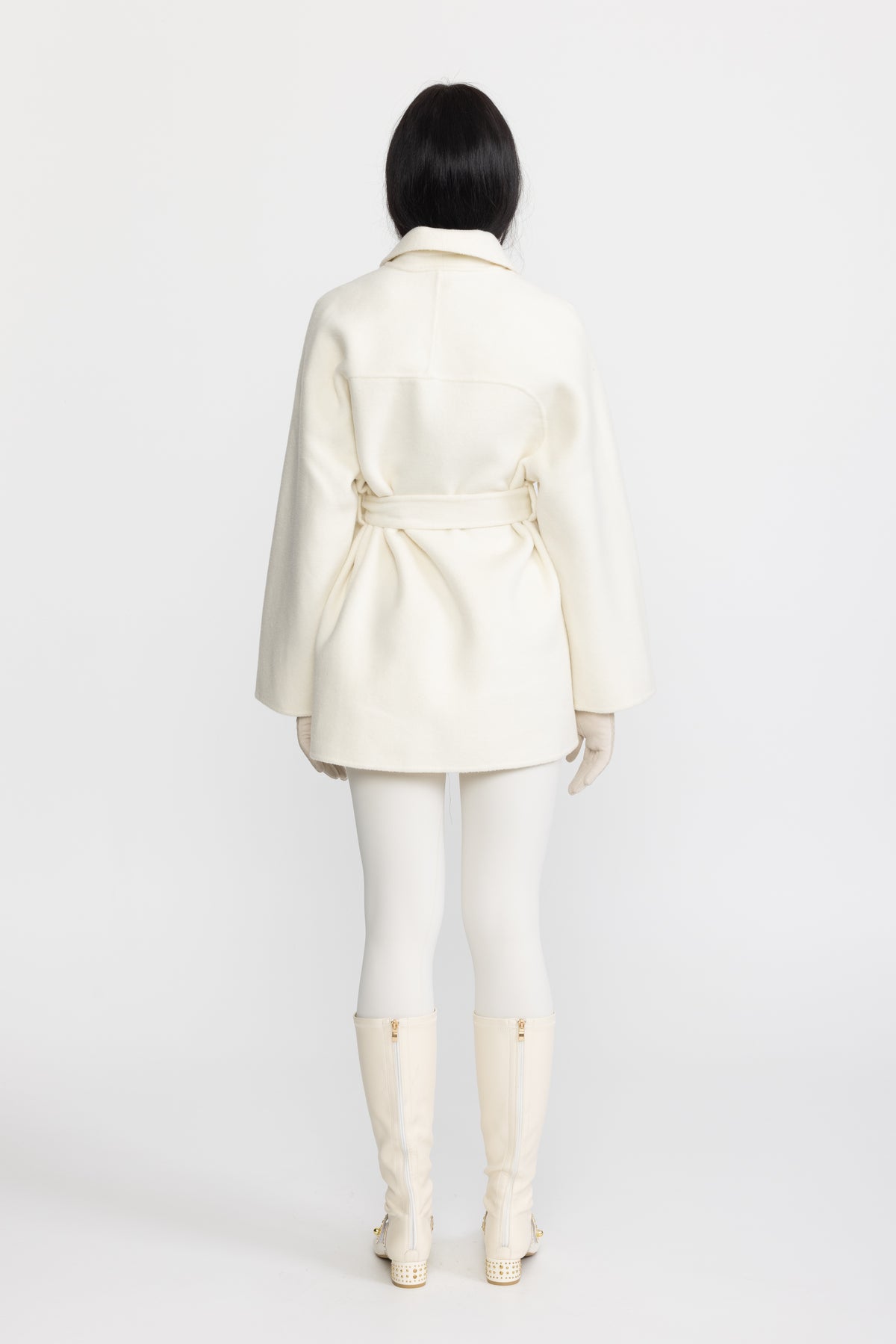 Veste en laine ceinturée à finitions en similicuir - Blanc cassé