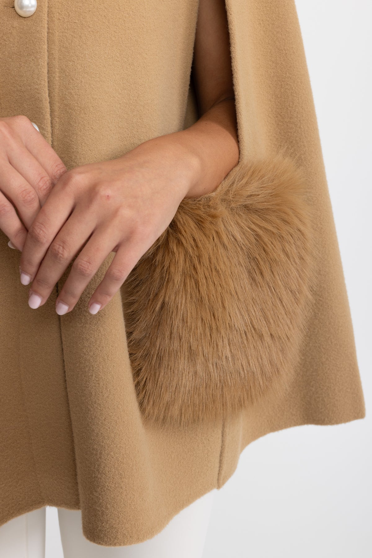 Pearl Embellished Collar Cape with Faux Fur Pockets - Camel