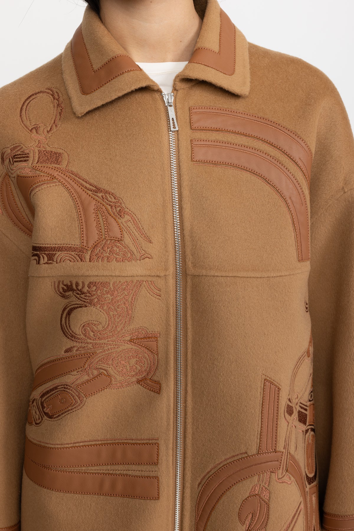 Equestrian Applique Embroidered Wool Zip Coat - Camel