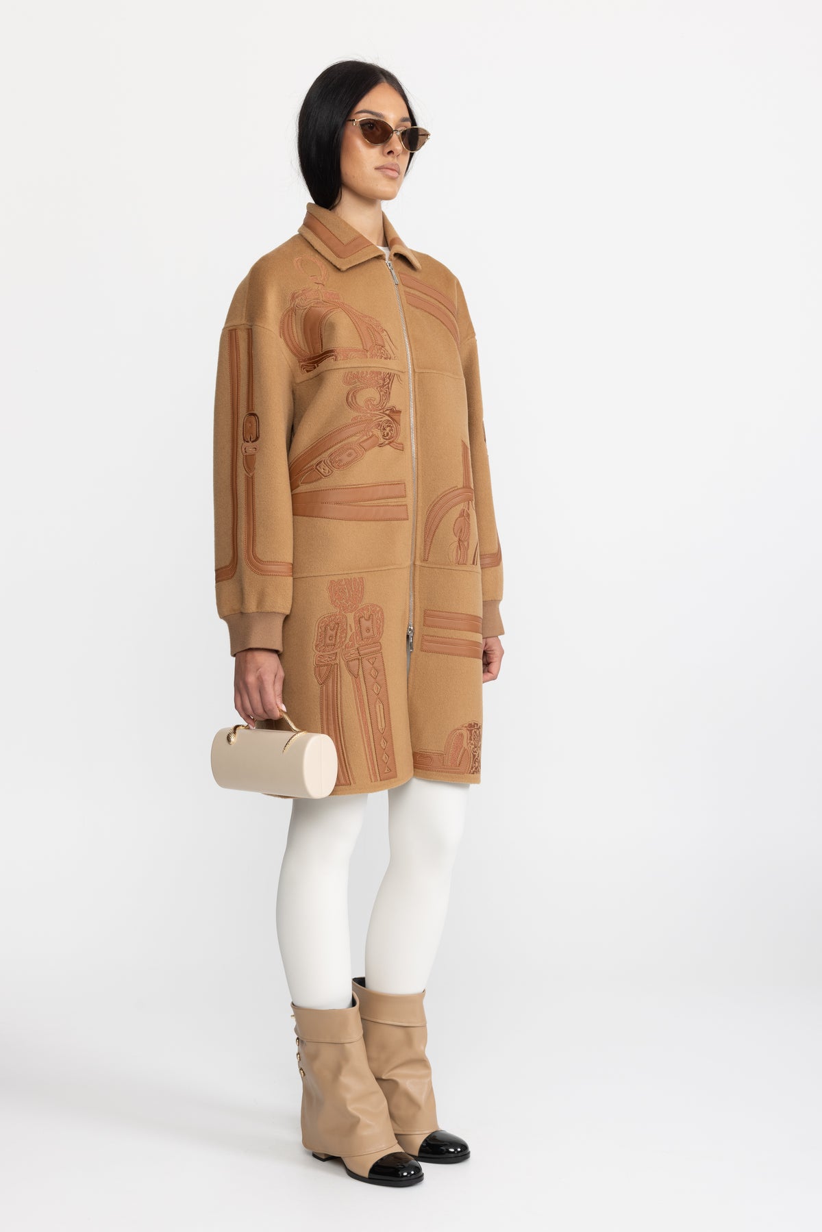 Equestrian Applique Embroidered Wool Zip Coat - Camel