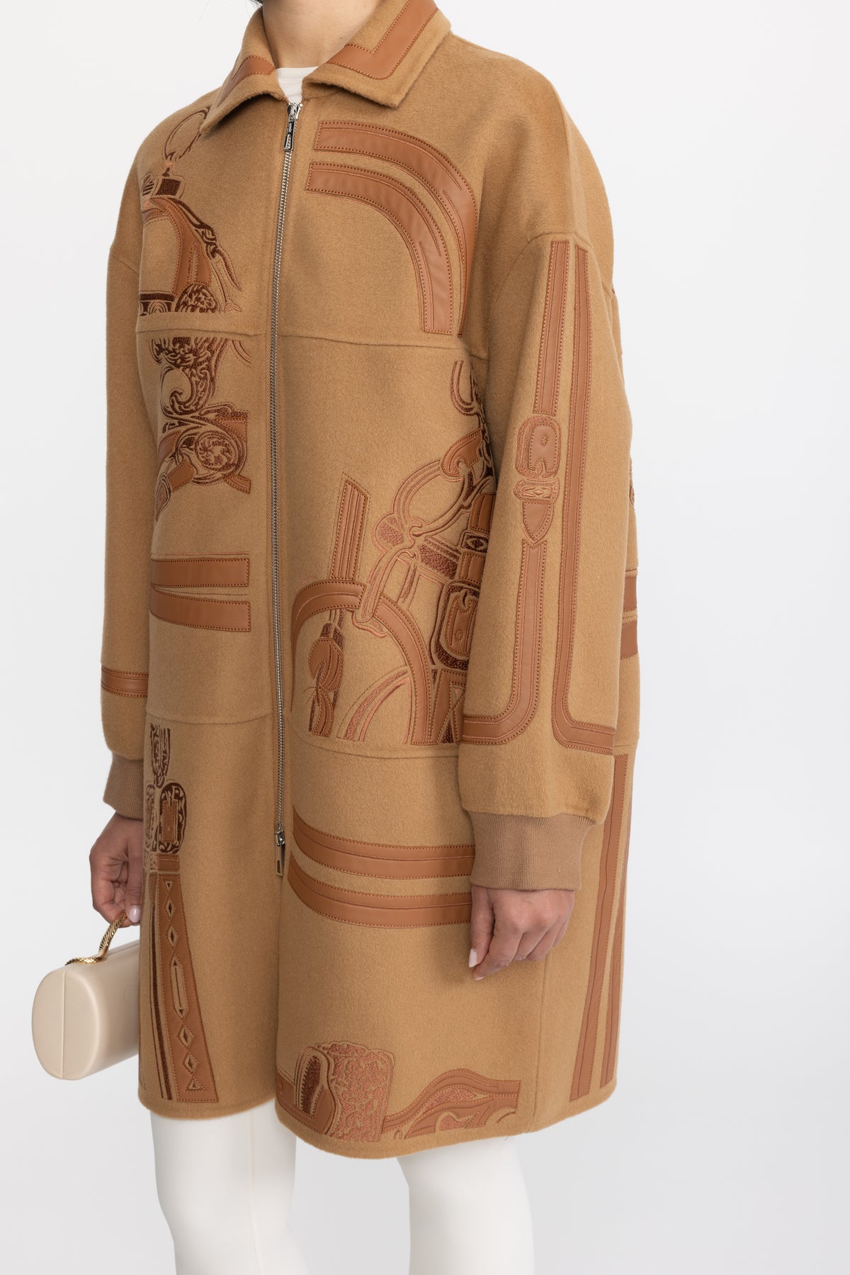 Equestrian Applique Embroidered Wool Zip Coat - Camel