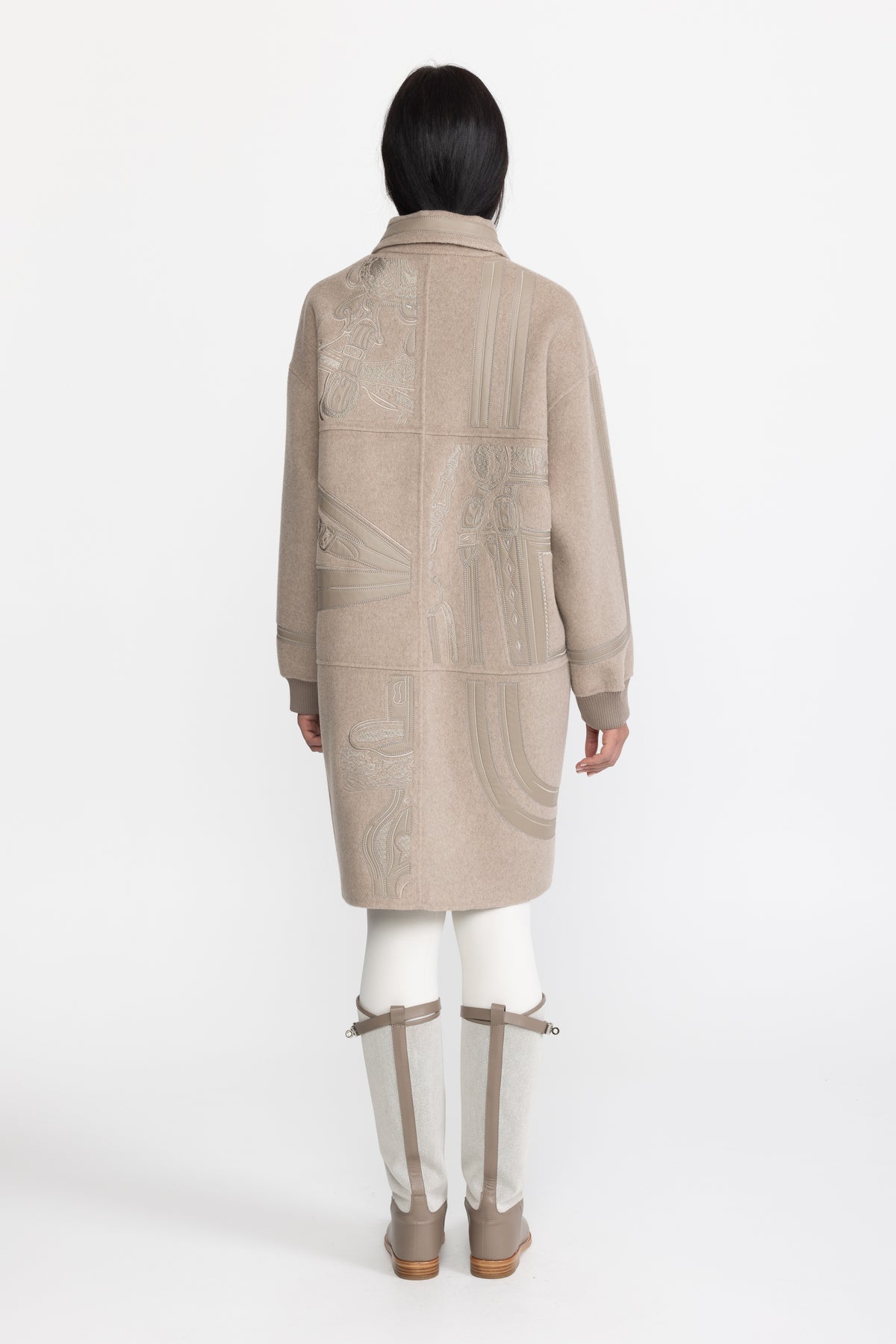 Manteau zippé en laine brodée à appliqué équestre - Taupe