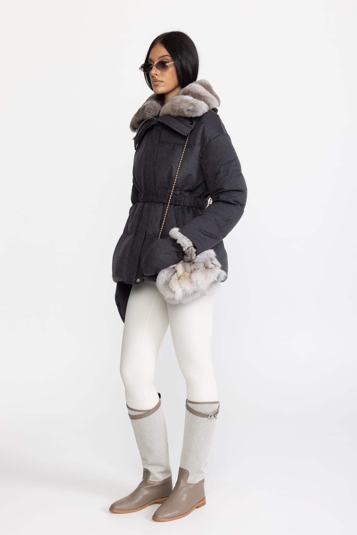 Doudoune en coton-soie avec col en fourrure de lapin Rex - Anthracite