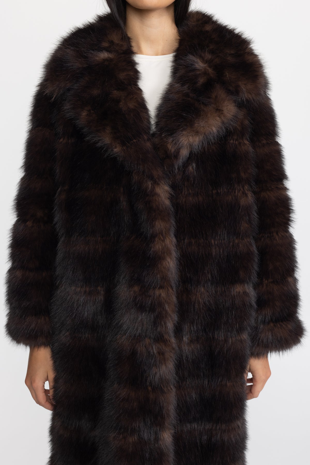 Fur-Effect Panelled Longline Coat - Chocolate