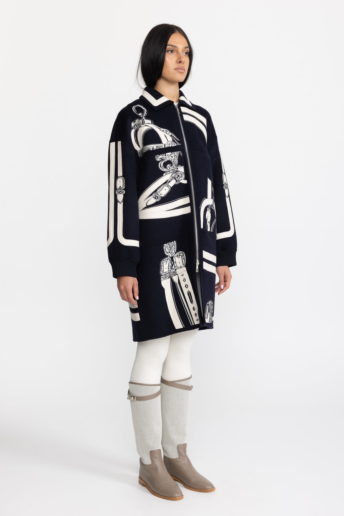 Manteau zippé en laine brodée à appliqué équestre - marine