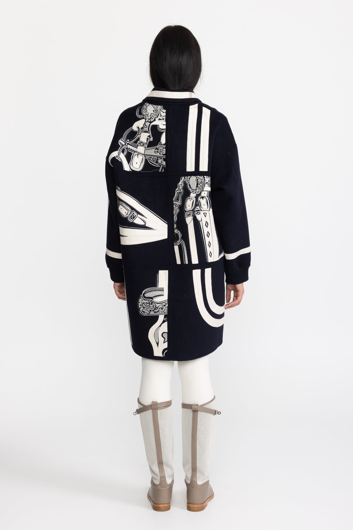 Manteau zippé en laine brodée à appliqué équestre - marine