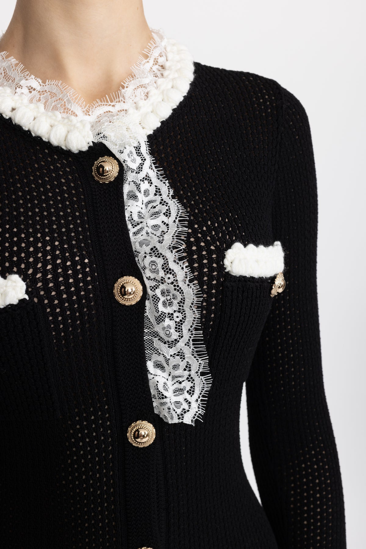 Robe midi en maille pointelle à boutons sur le devant et finitions en dentelle - Noir