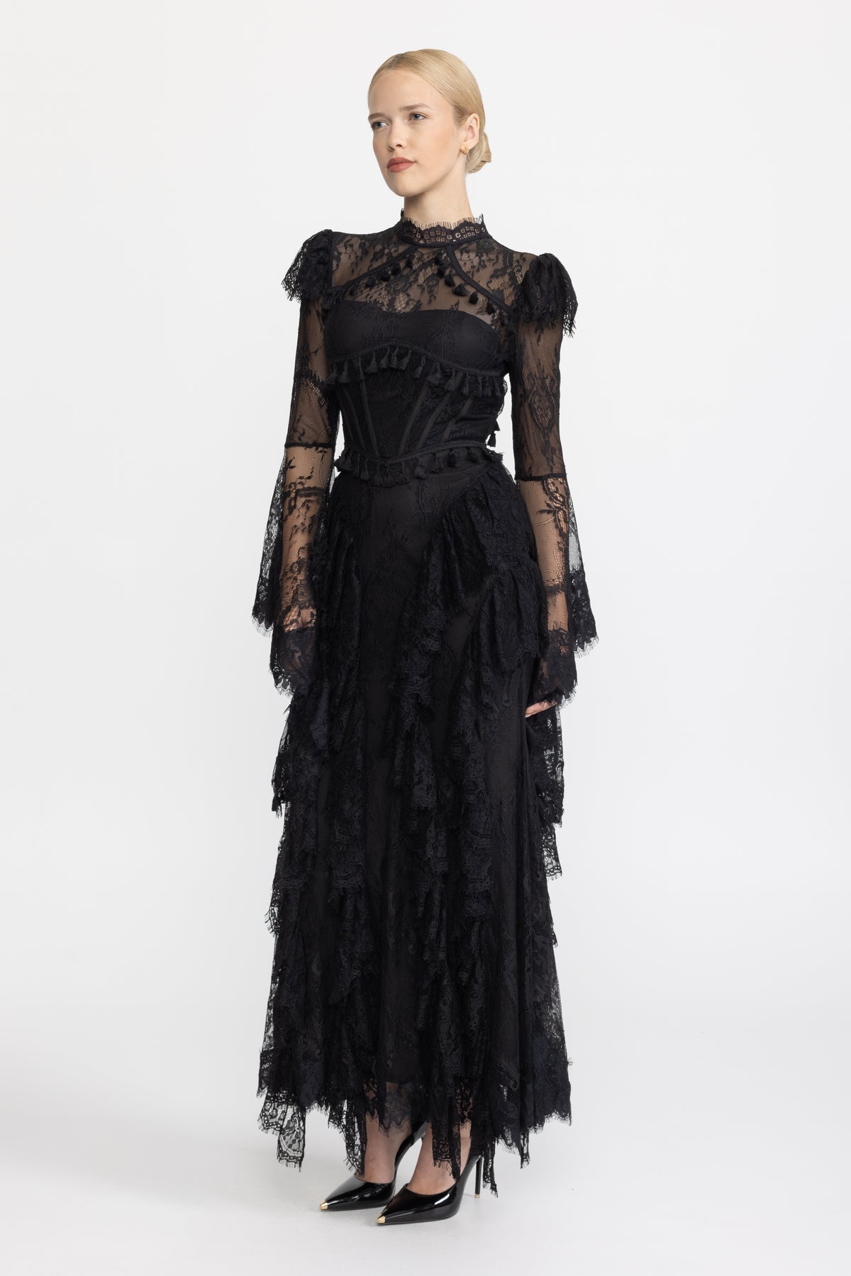 Tassel Trim Lace Corset Bell Sleeve Maxi Dress - Black