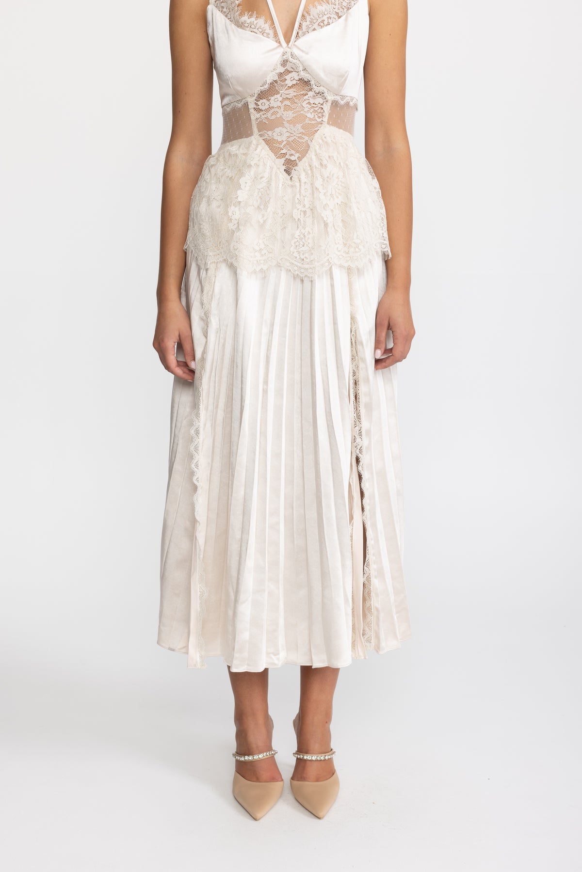 Robe midi plissée en satin à col halter et empiècement en dentelle - Ivoire