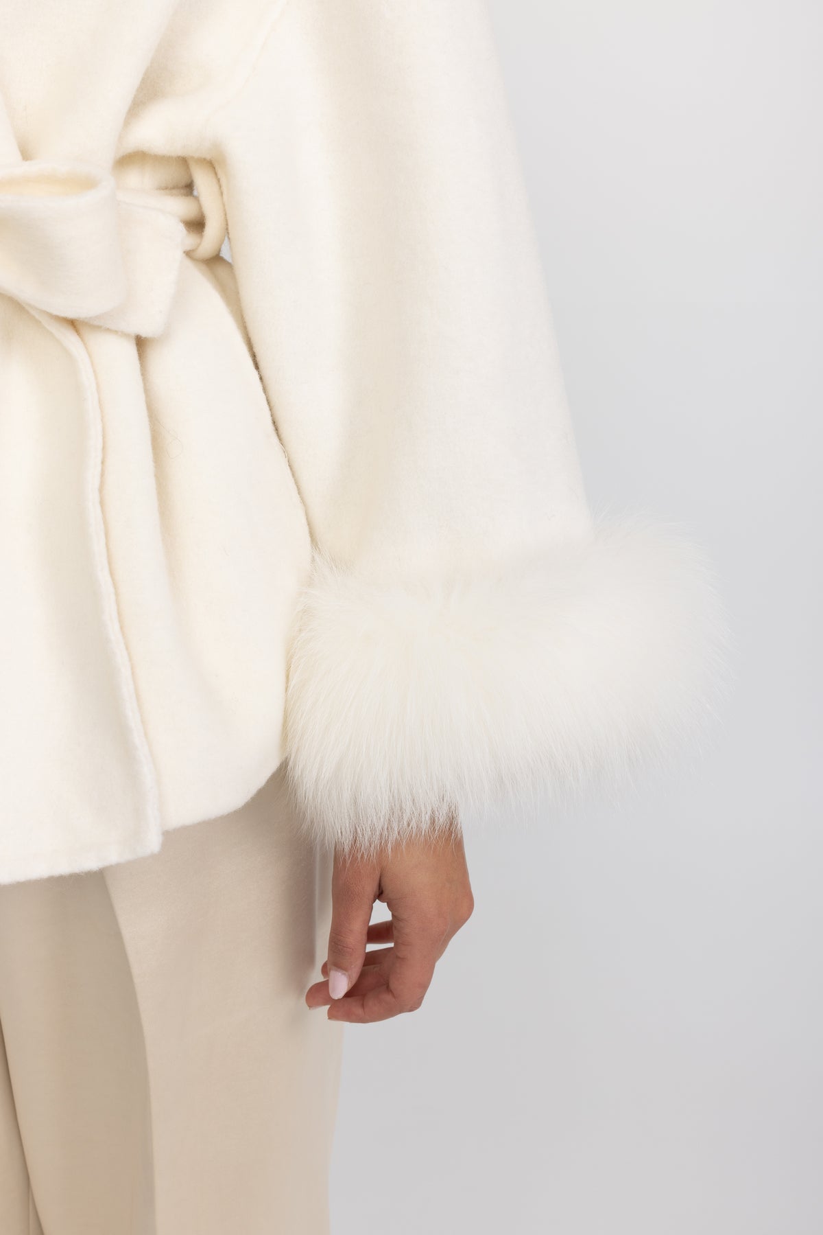 Wool Blend Wrap Jacket with Fox Fur Cuffs - Ivoire