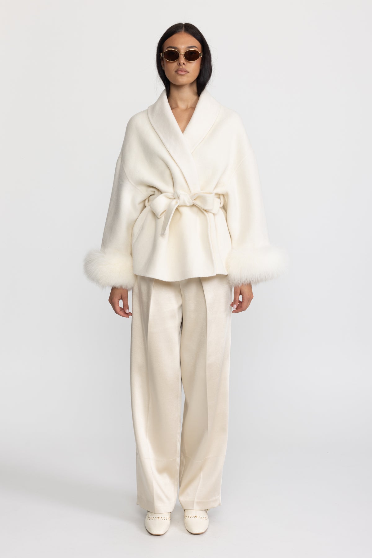 Wool Blend Wrap Jacket with Fox Fur Cuffs - Ivoire