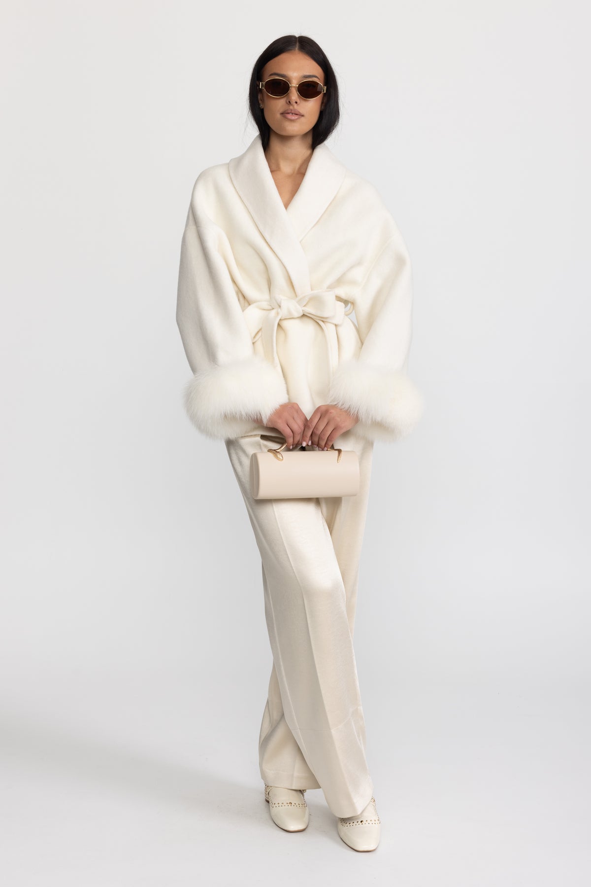 Wool Blend Wrap Jacket with Fox Fur Cuffs - Ivoire