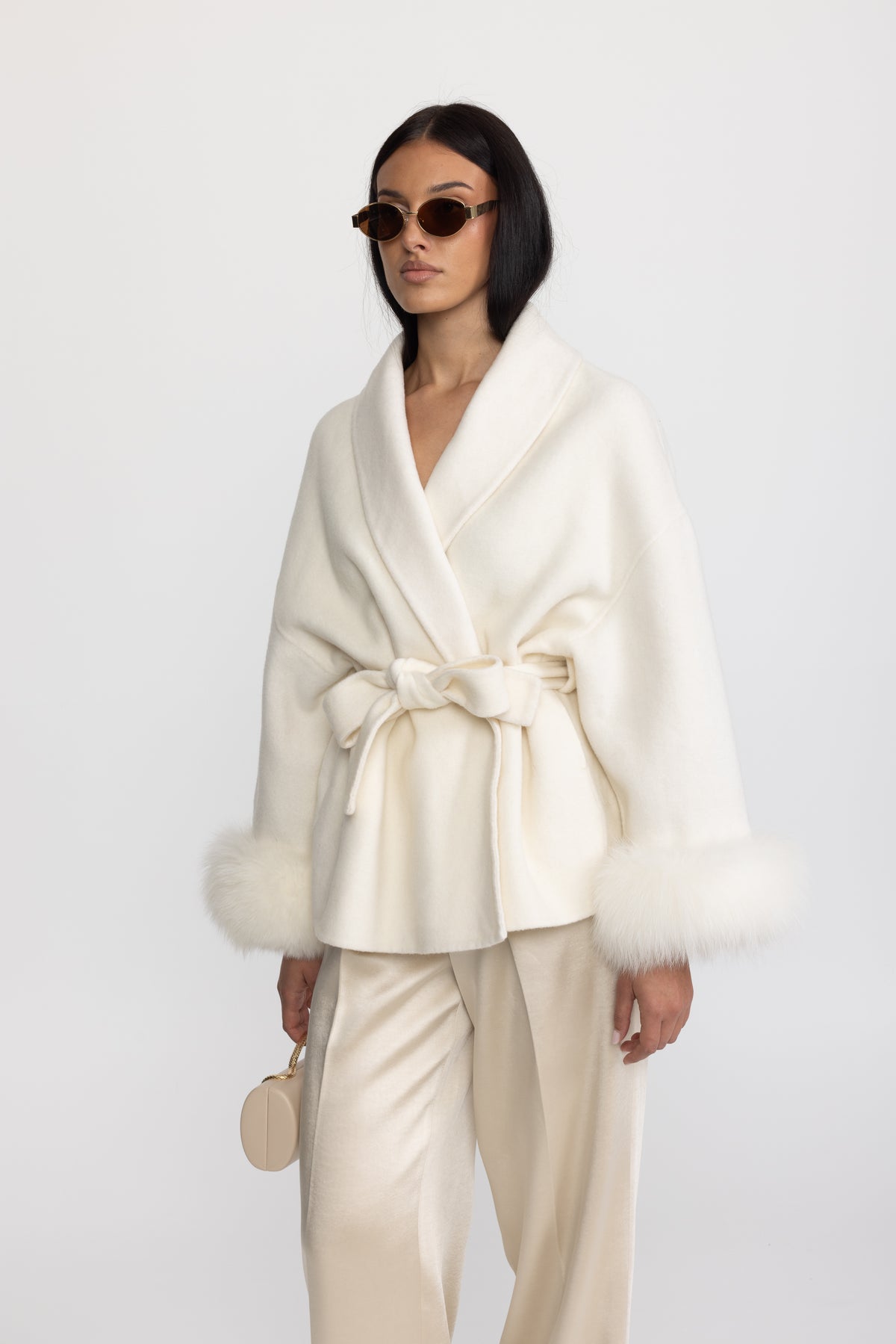 Wool Blend Wrap Jacket with Fox Fur Cuffs - Ivoire