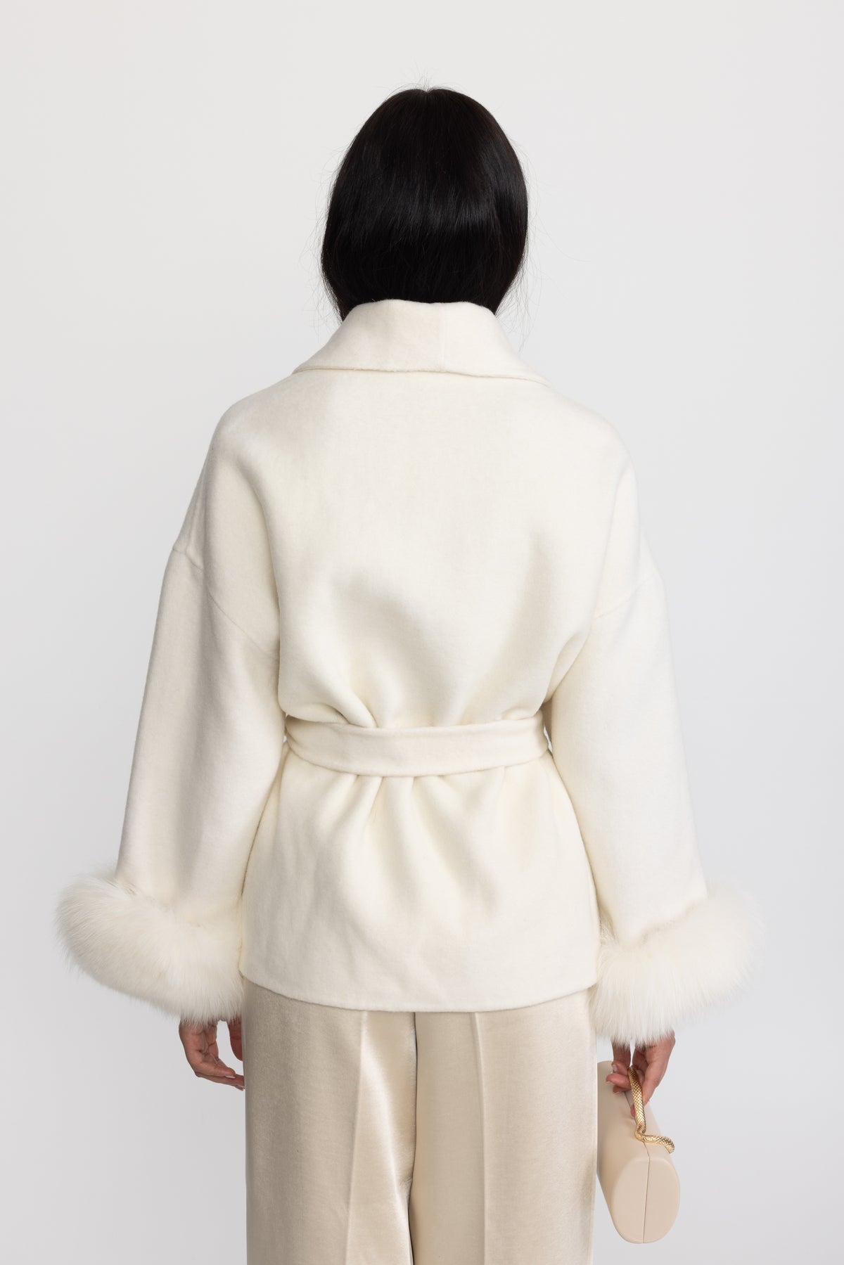 Wool Blend Wrap Jacket with Fox Fur Cuffs - Ivoire