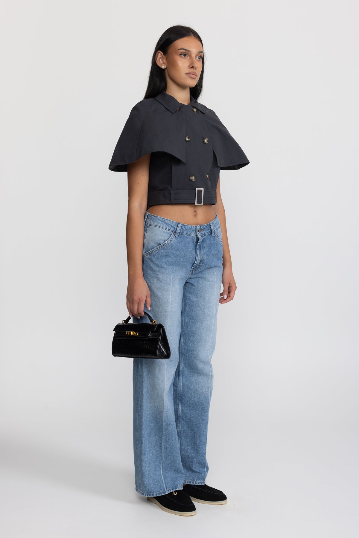 Cape-top trench cropped avec ceinture - bleu marine