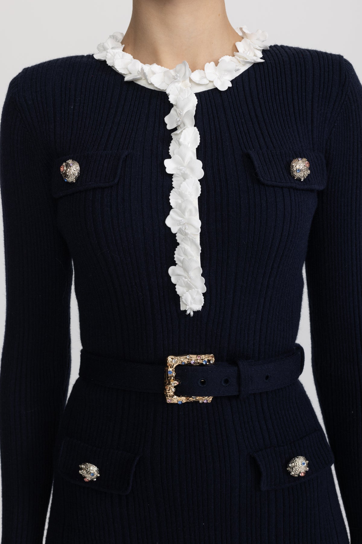 Floral Ruffle Rib Knit Belted Mini Dress - Navy