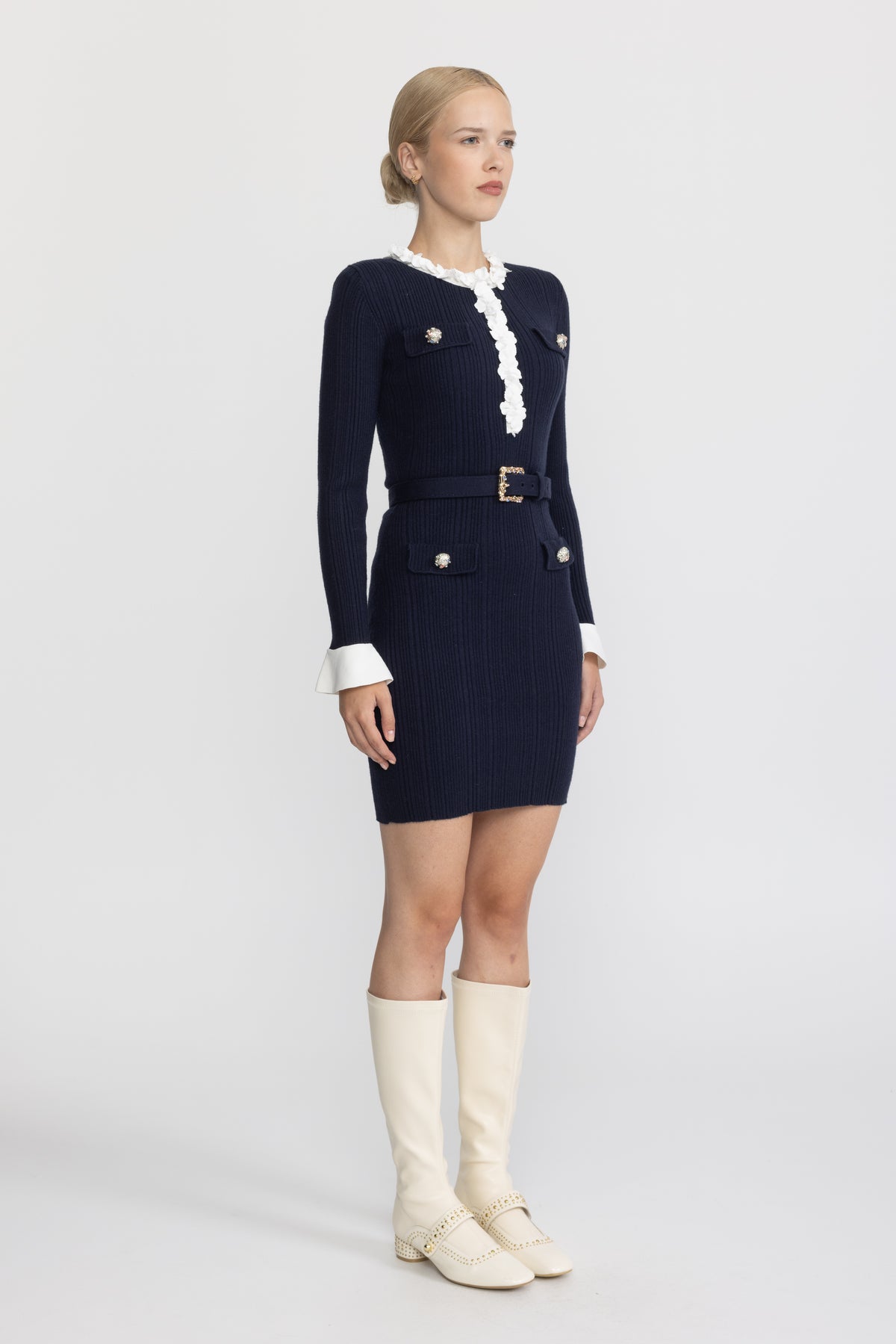 Floral Ruffle Rib Knit Belted Mini Dress - Navy